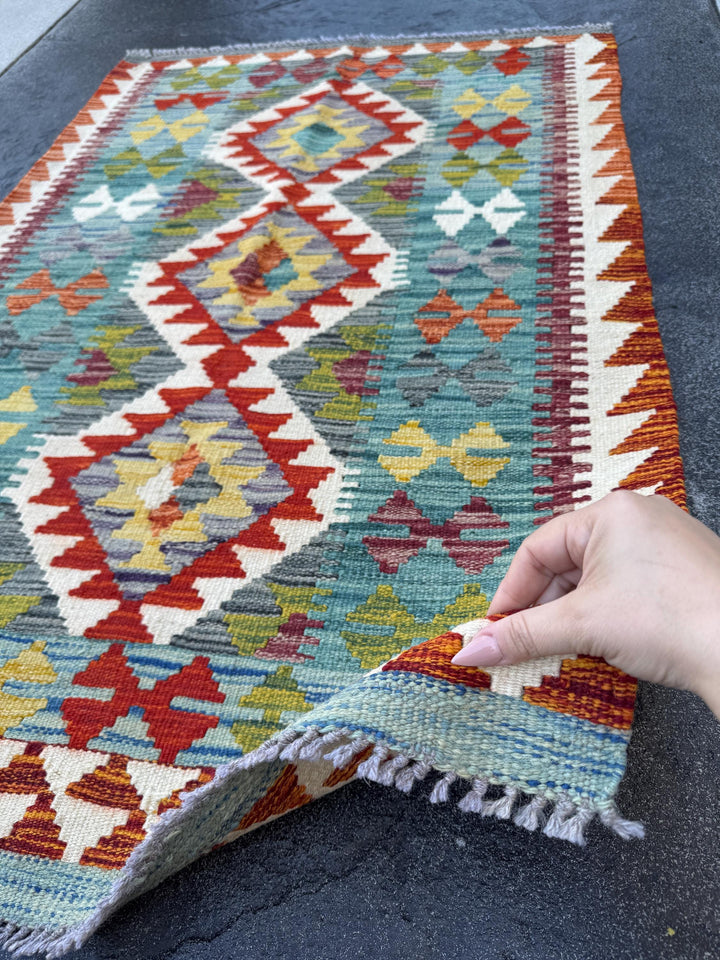 3x4 Handmade Afghan Kilim Rug | Teal Cream Ivory Rust Orange Brick Red Grey Olive Moss Green Maroon Mustard Yellow Gold | Wool Flatwoven