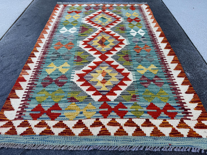 3x4 Handmade Afghan Kilim Rug | Teal Cream Ivory Rust Orange Brick Red Grey Olive Moss Green Maroon Mustard Yellow Gold | Wool Flatwoven