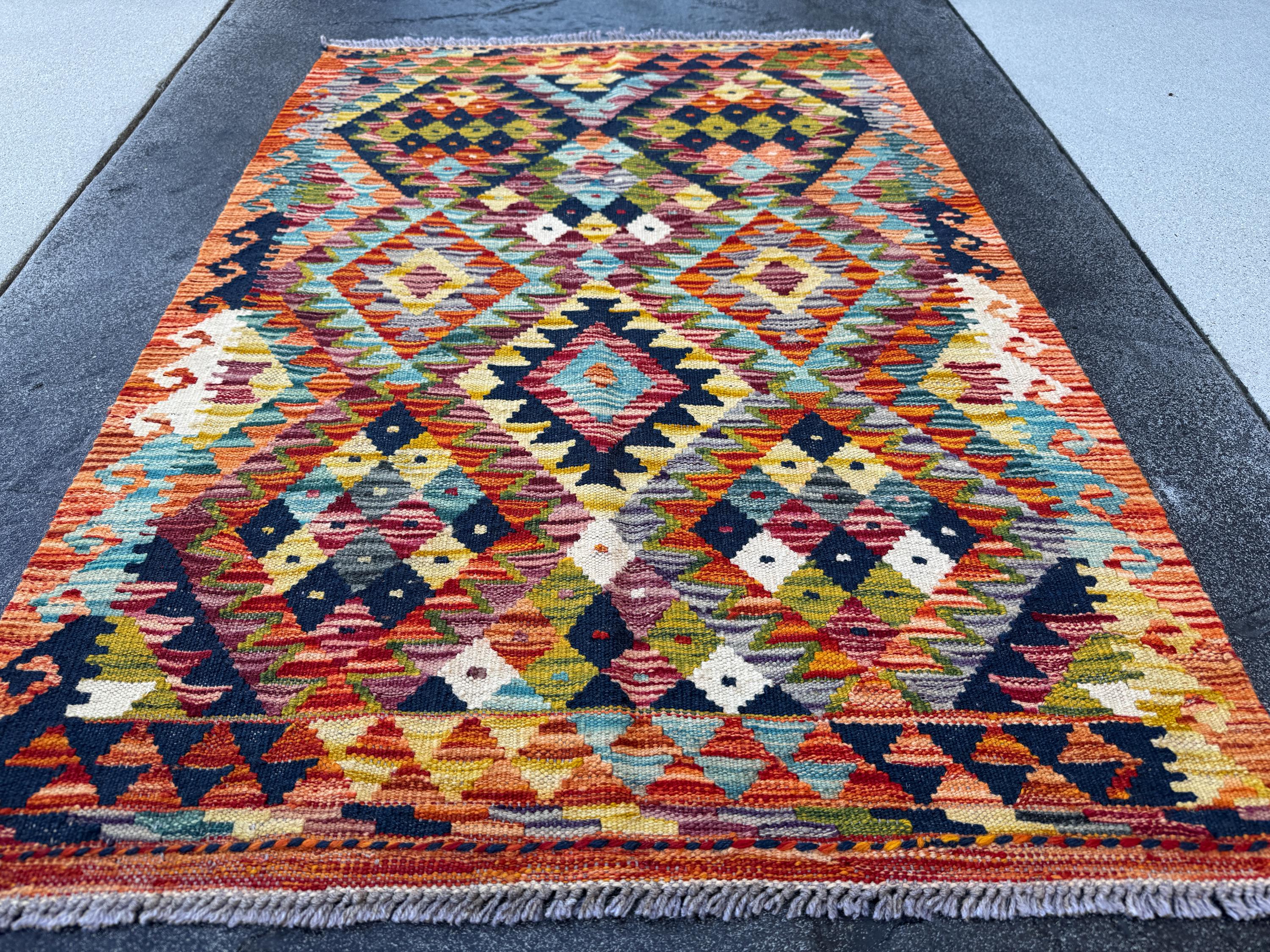 3x4 Handmade Afghan Kilim Rug | Burnt Rust Orange Mustard Gold Grey Maroon Ivory Teal Red Charcoal Black Olive Moss Green | Wool Flatwoven