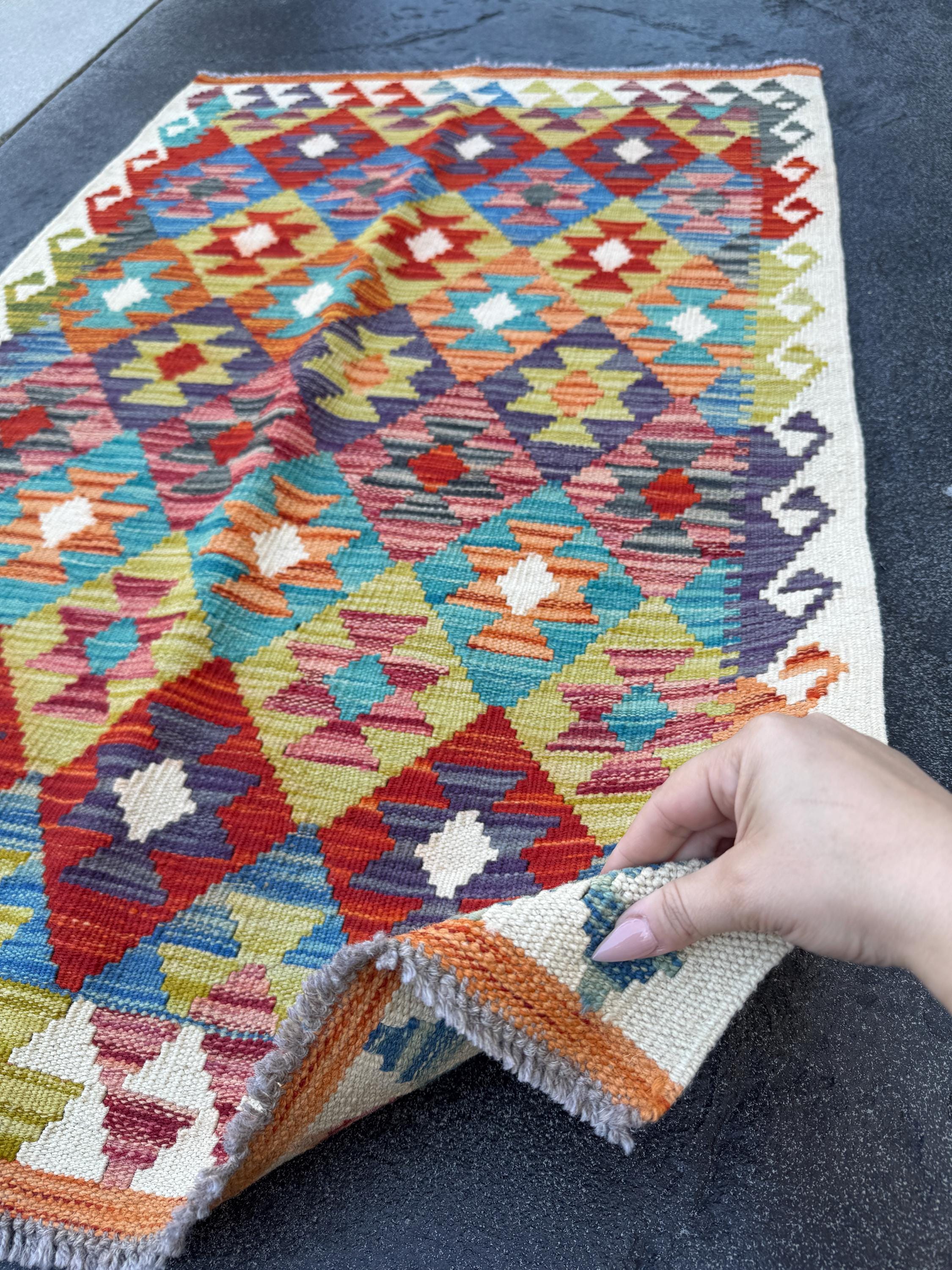3x4 Handmade Afghan Kilim Rug | Blood Brick Red Olive Green Eggplant Purple Denim Blue Ivory Charcoal Grey Rust Orange Teal | Wool Flatwoven