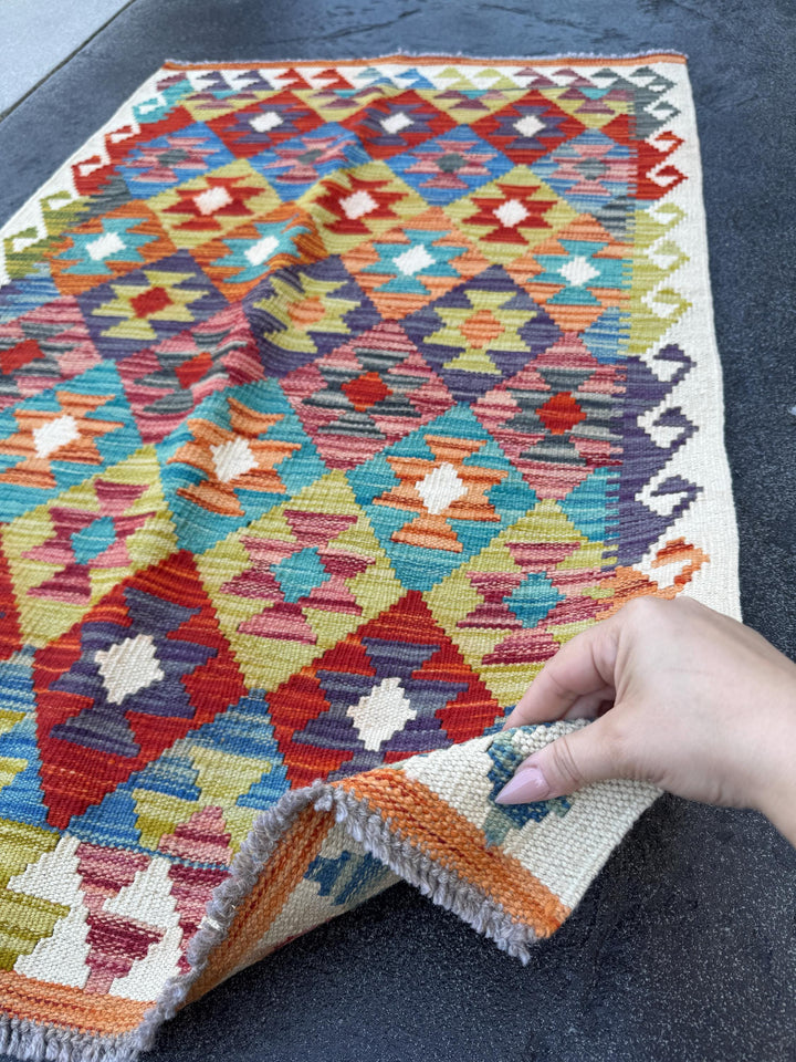 3x4 Handmade Afghan Kilim Rug | Blood Brick Red Olive Green Eggplant Purple Denim Blue Ivory Charcoal Grey Rust Orange Teal | Wool Flatwoven