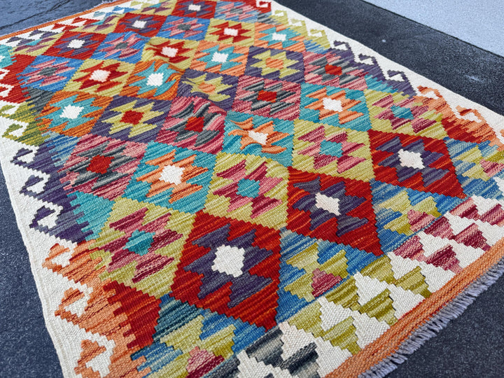 3x4 Handmade Afghan Kilim Rug | Blood Brick Red Olive Green Eggplant Purple Denim Blue Ivory Charcoal Grey Rust Orange Teal | Wool Flatwoven