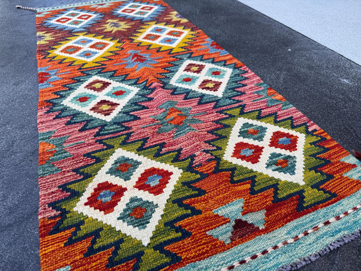 2x5 Handmade Afghan Kilim Runner Rug | Burnt Rust Orange Brick Red Teal Olive Moss Pine Green Ivory Cream Chocolate Brown Mustard Gold