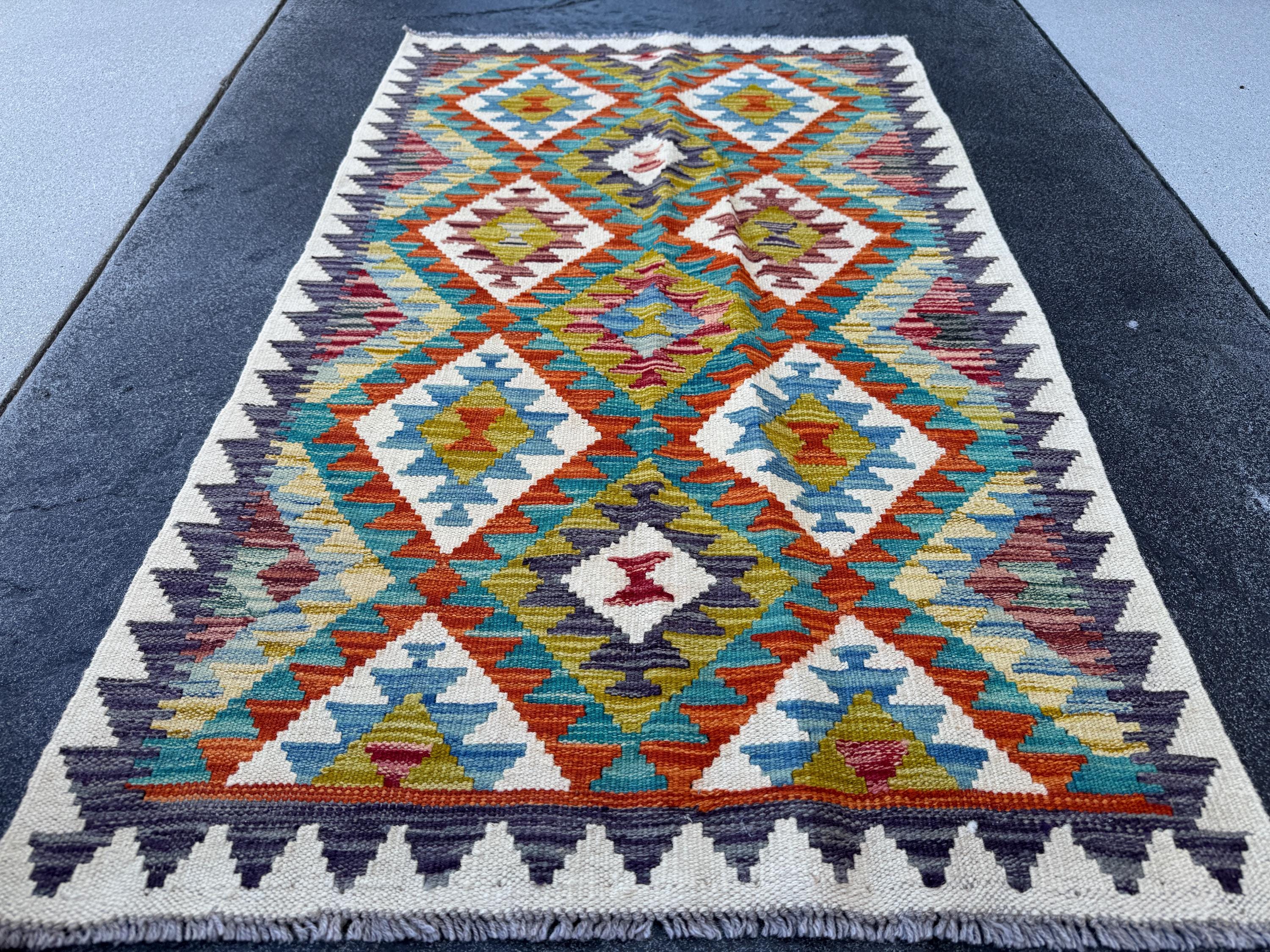 3x4 Handmade Afghan Kilim Rug | Cream Olive Moss Green Teal Turquoise Burnt Orange Charcoal Grey Chocolate Denim Light Blue | Wool Flatwoven