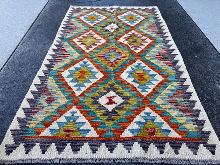 3x4 Handmade Afghan Kilim Rug | Cream Olive Moss Green Teal Turquoise Burnt Orange Charcoal Grey Chocolate Denim Light Blue | Wool Flatwoven