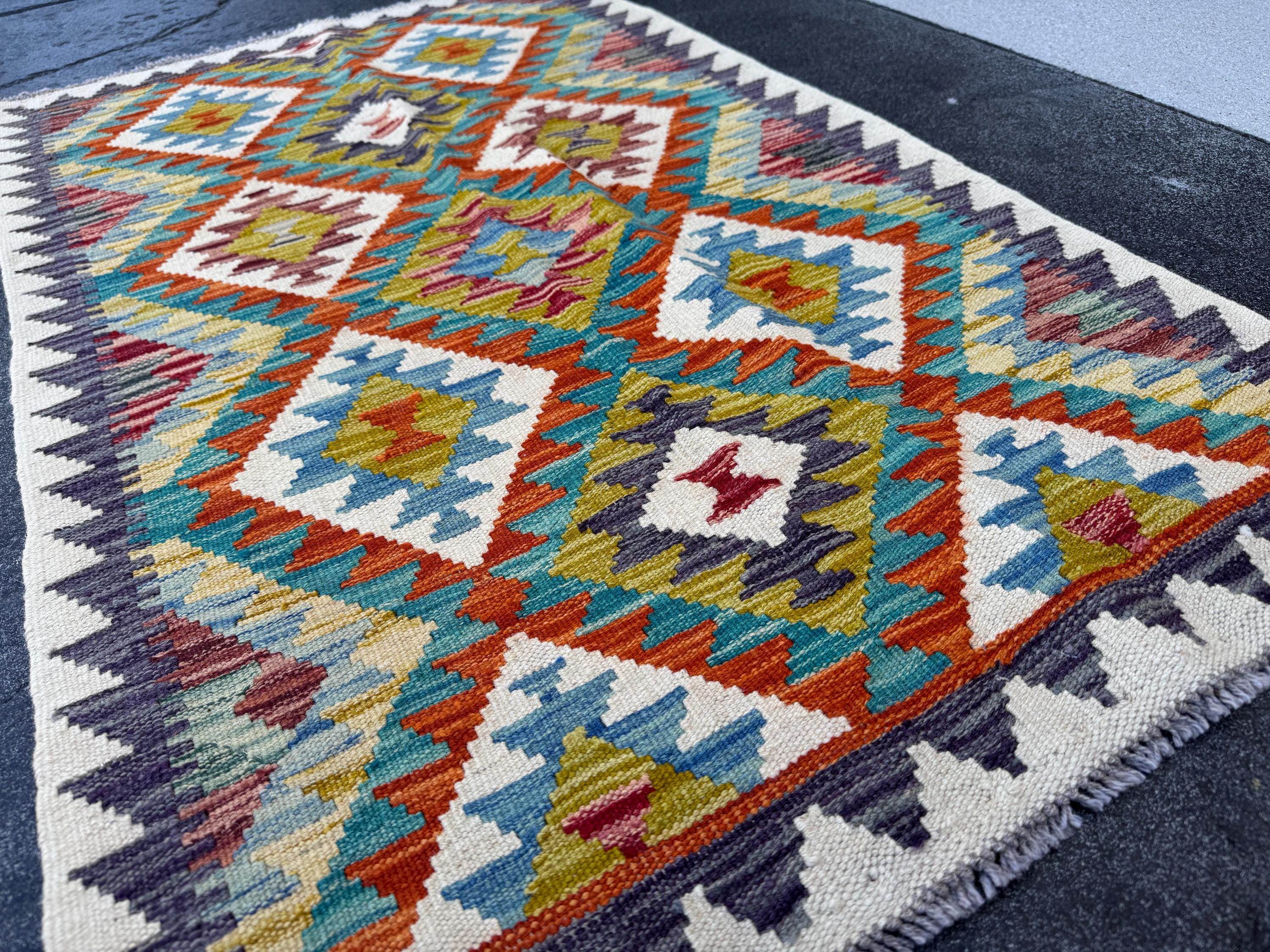 3x4 Handmade Afghan Kilim Rug | Cream Olive Moss Green Teal Turquoise Burnt Orange Charcoal Grey Chocolate Denim Light Blue | Wool Flatwoven
