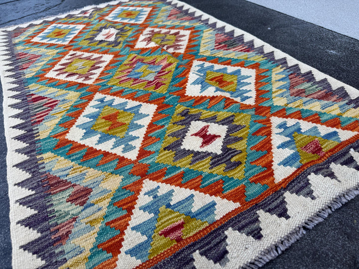3x4 Handmade Afghan Kilim Rug | Cream Olive Moss Green Teal Turquoise Burnt Orange Charcoal Grey Chocolate Denim Light Blue | Wool Flatwoven
