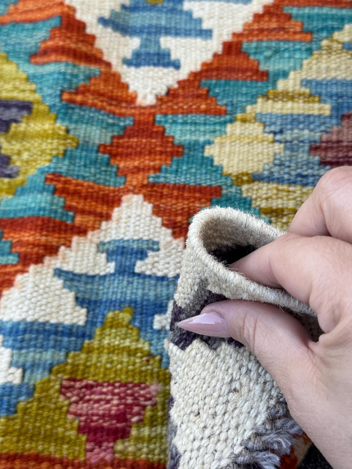 3x4 Handmade Afghan Kilim Rug | Cream Olive Moss Green Teal Turquoise Burnt Orange Charcoal Grey Chocolate Denim Light Blue | Wool Flatwoven