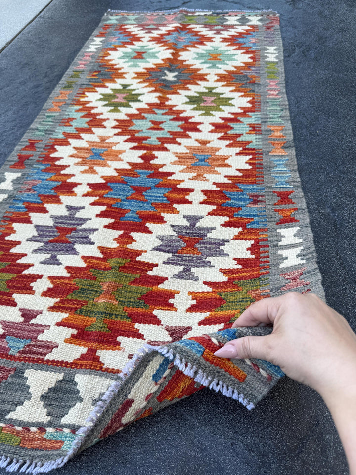 2x5 Handmade Afghan Kilim Runner Rug | Grey Burnt Rust Orange Cream Ivory Denim Sky Blue Teal Moss Pine Green | Wool Flatwoven