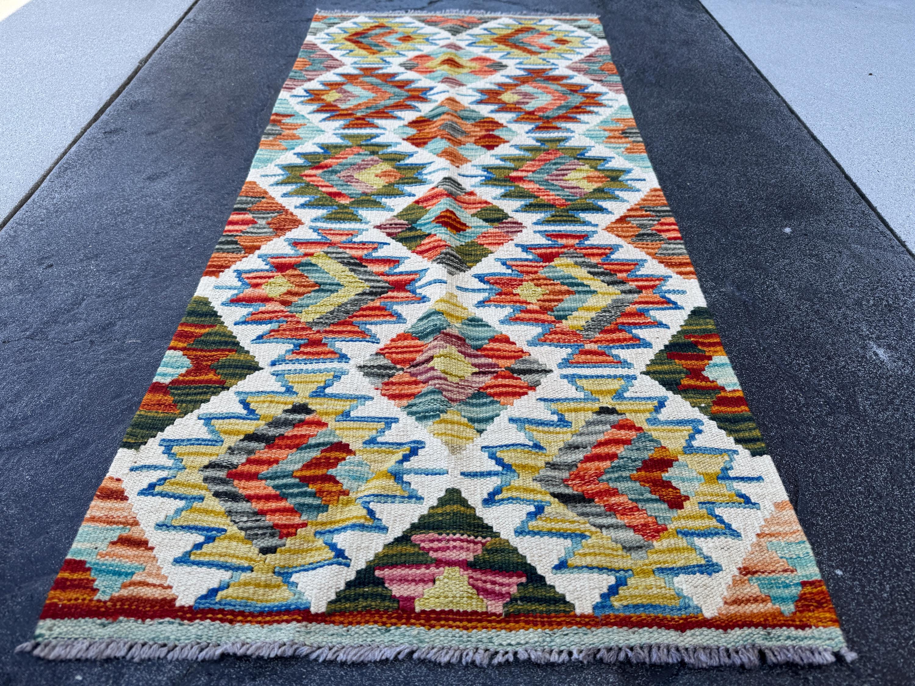 2x5 Handmade Afghan Kilim Runner Rug | Ivory Olive Moss Pine Green Burnt Rust Orange Charcoal Grey Teal Denim Blue Maroon Brick Red | Wool