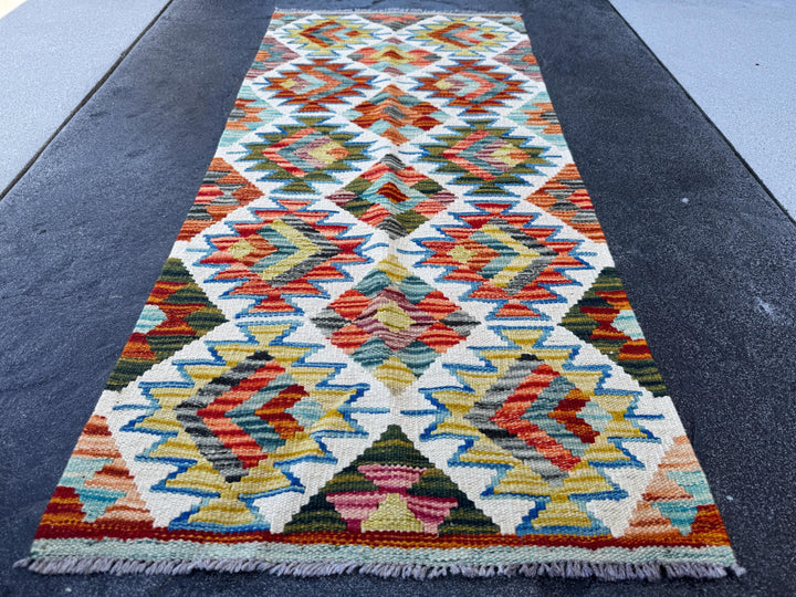 2x5 Handmade Afghan Kilim Runner Rug | Ivory Olive Moss Pine Green Burnt Rust Orange Charcoal Grey Teal Denim Blue Maroon Brick Red | Wool
