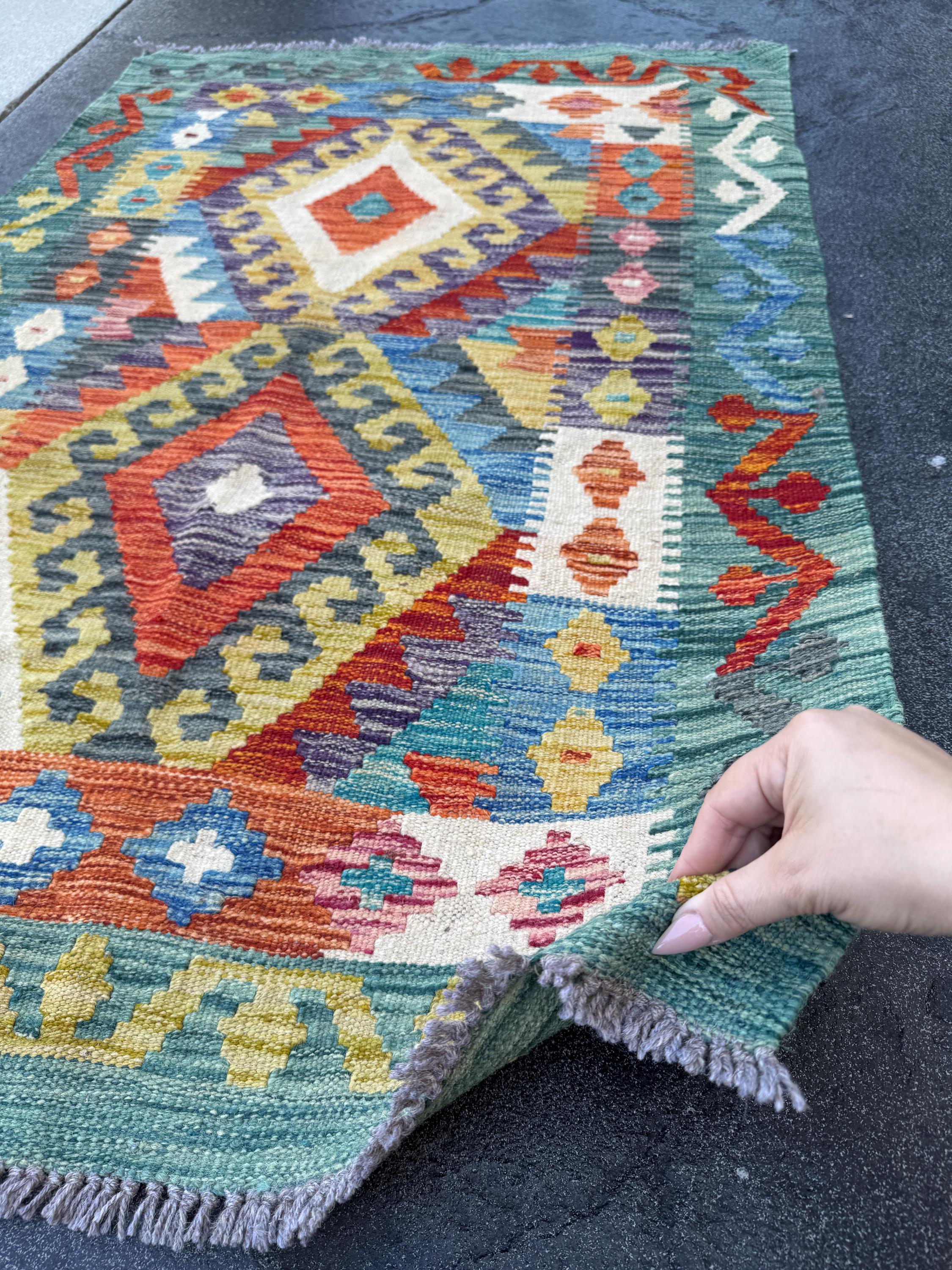 3x5 (91x152) Handmade Afghan Kilim Rug | Teal Denim Blue Olive Moss Green Charcoal Grey Cream Beige Ivory Mustard Gold Burnt Orange | Wool