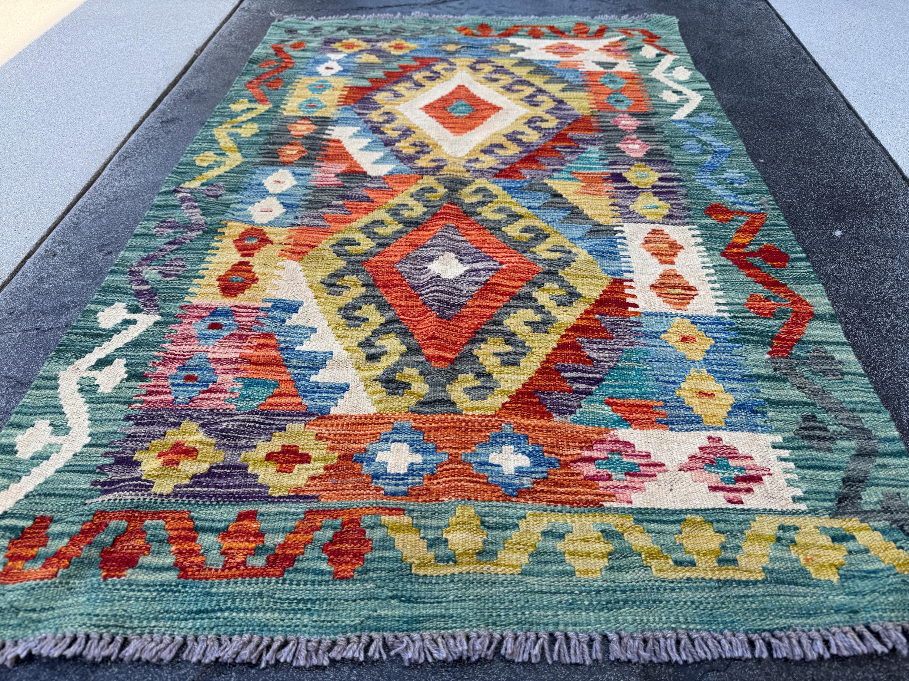 3x5 (91x152) Handmade Afghan Kilim Rug | Teal Denim Blue Olive Moss Green Charcoal Grey Cream Beige Ivory Mustard Gold Burnt Orange | Wool