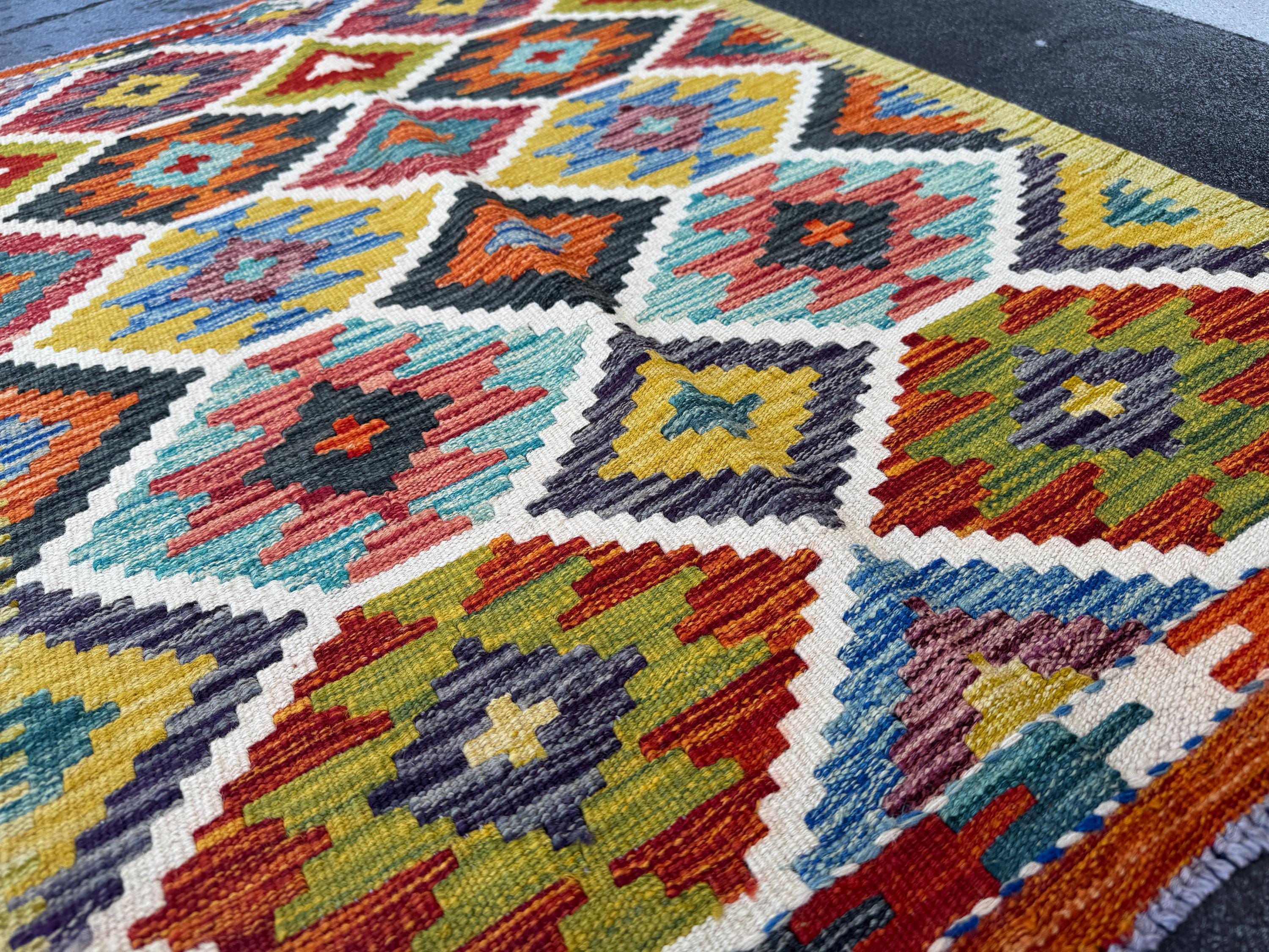 3x4 Handmade Afghan Kilim Rug | Olive Moss Green Teal Rust Orange Mustard Gold Charcoal Grey Denim Sky Blue Brick Red | Wool Flatwoven