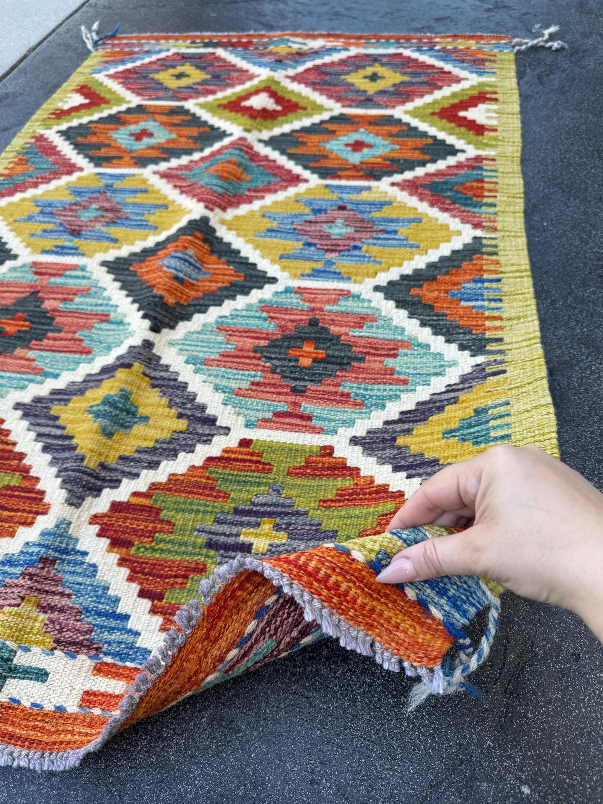 3x4 Handmade Afghan Kilim Rug | Olive Moss Green Teal Rust Orange Mustard Gold Charcoal Grey Denim Sky Blue Brick Red | Wool Flatwoven
