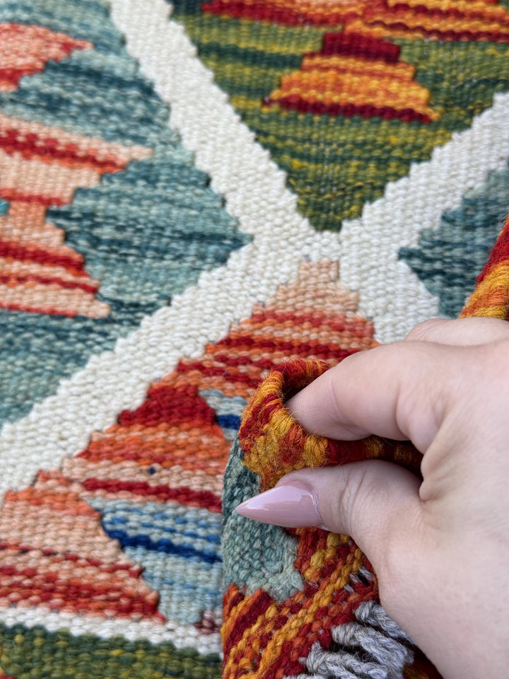 3x4 Handmade Afghan Kilim Rug | Burnt Orange Moss Olive Pine Green Brick Red Ivory Cream Teal Denim Blue | Wool Flatwoven