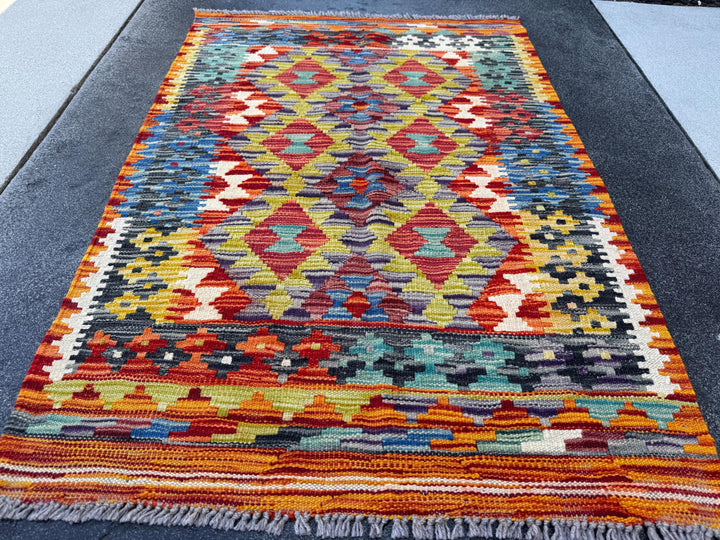 3x4 Handmade Afghan Kilim Rug | Burnt Rust Orange Charcoal Light Grey Olive Green Teal Denim Navy Blue Blood Red Mustard | Wool Flatwoven