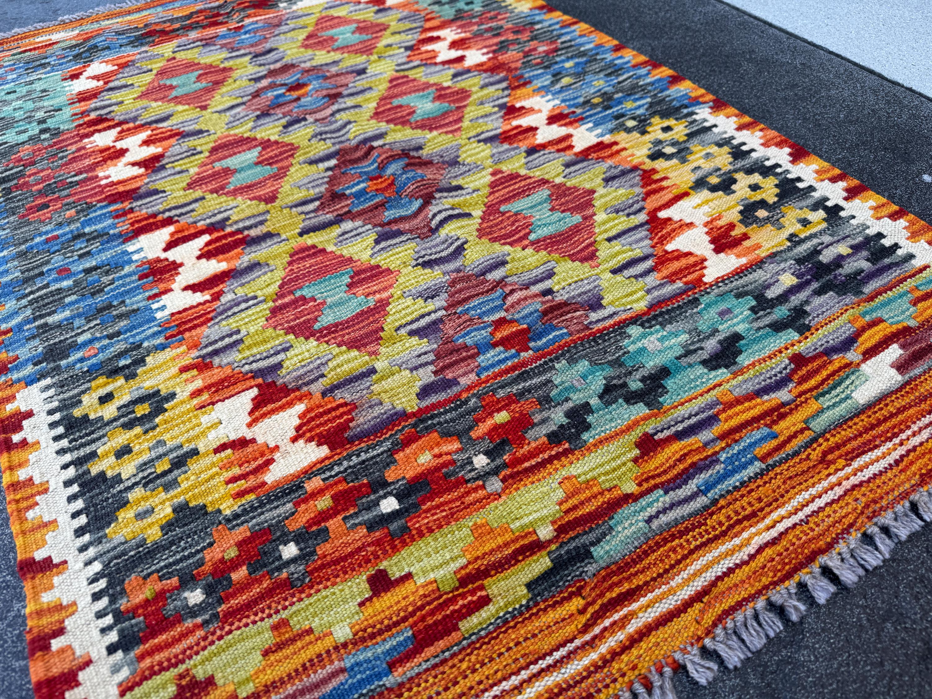 3x4 Handmade Afghan Kilim Rug | Burnt Rust Orange Charcoal Light Grey Olive Green Teal Denim Navy Blue Blood Red Mustard | Wool Flatwoven