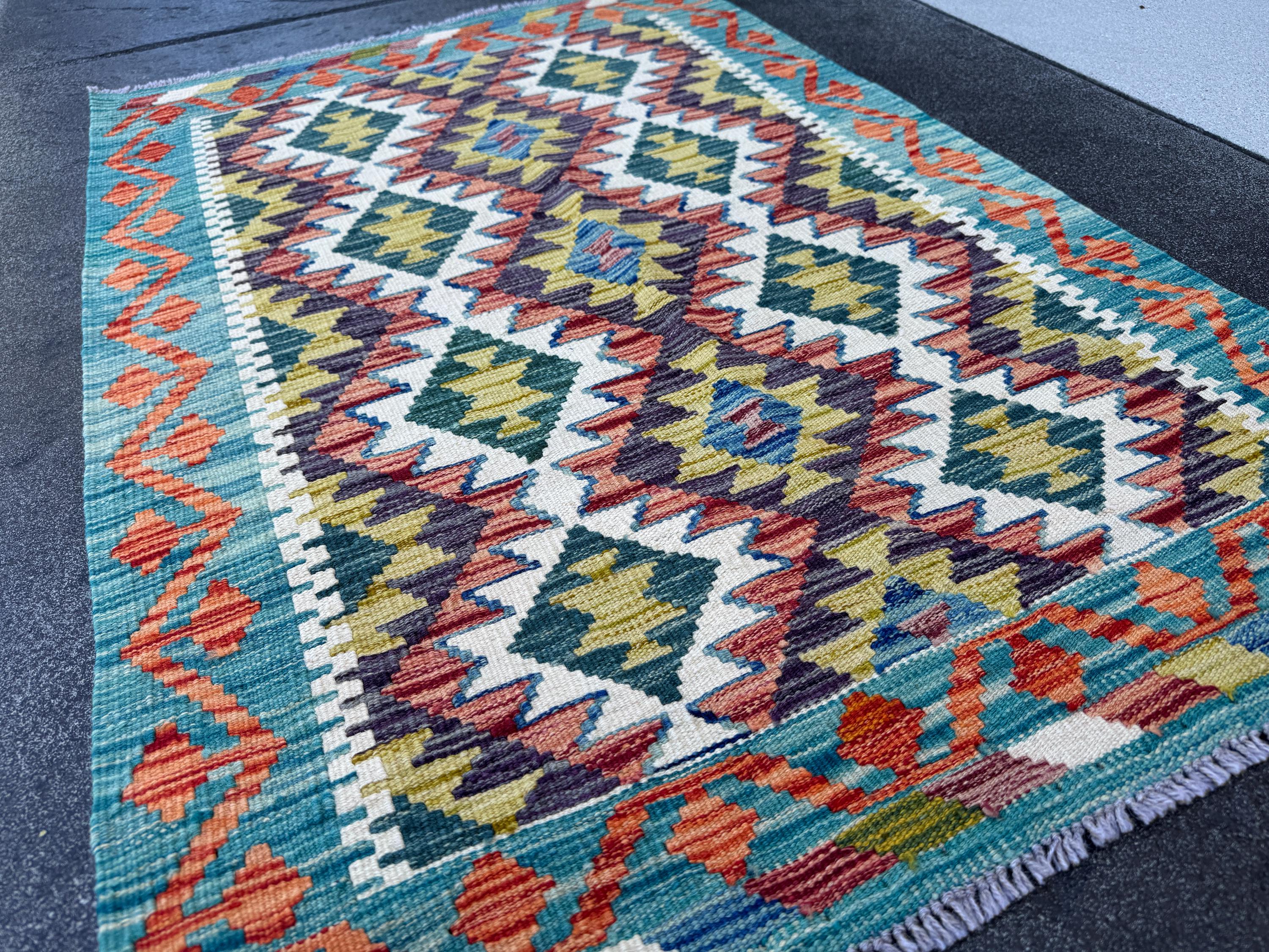 3x4 Handmade Afghan Kilim Rug | Teal Rust Orange Olive Moss Pine Forest Green Charcoal Grey Ivory Black | Wool Flatwoven