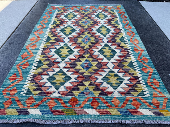 3x4 Handmade Afghan Kilim Rug | Teal Rust Orange Olive Moss Pine Forest Green Charcoal Grey Ivory Black | Wool Flatwoven