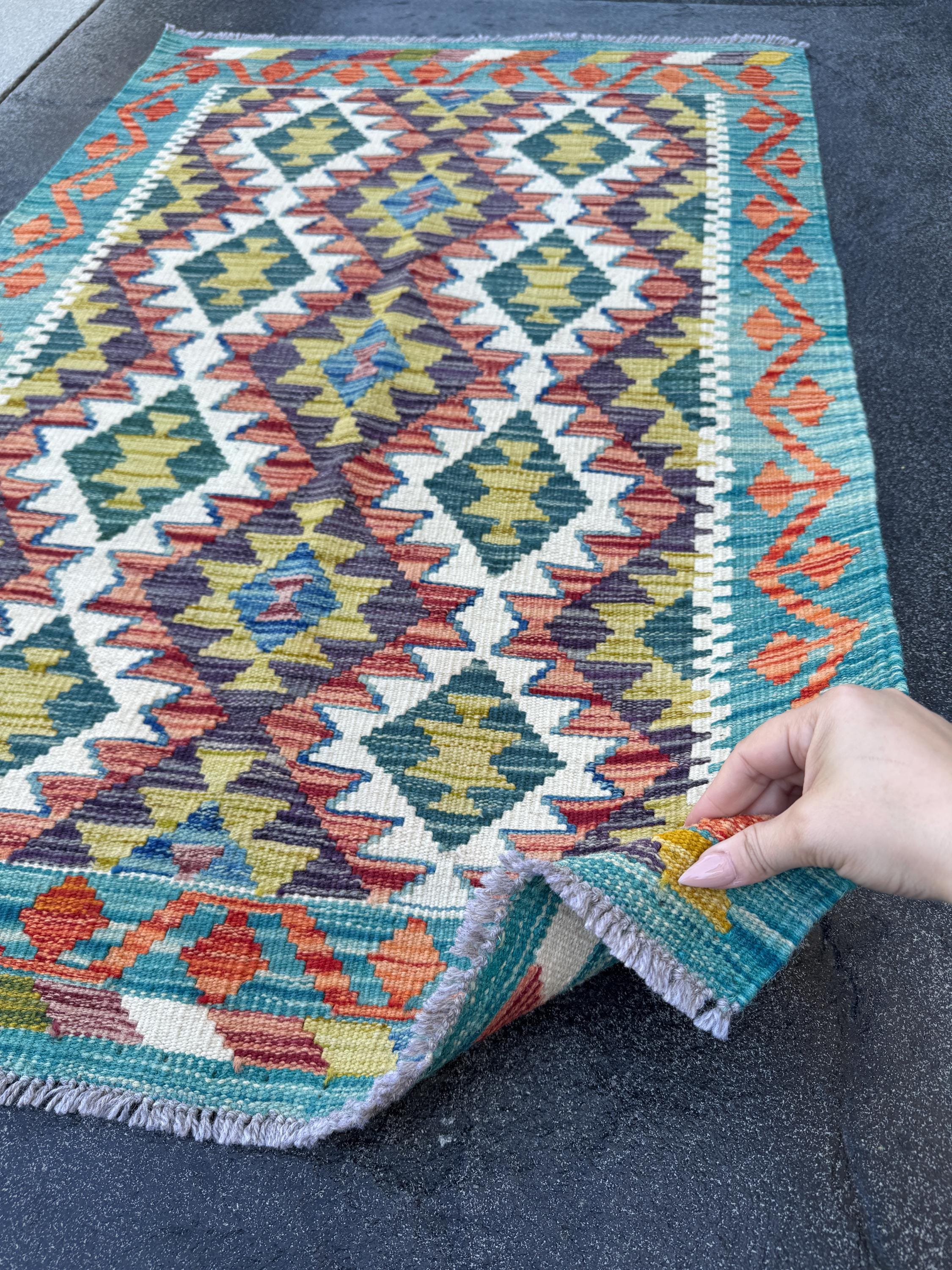3x4 Handmade Afghan Kilim Rug | Teal Rust Orange Olive Moss Pine Forest Green Charcoal Grey Ivory Black | Wool Flatwoven