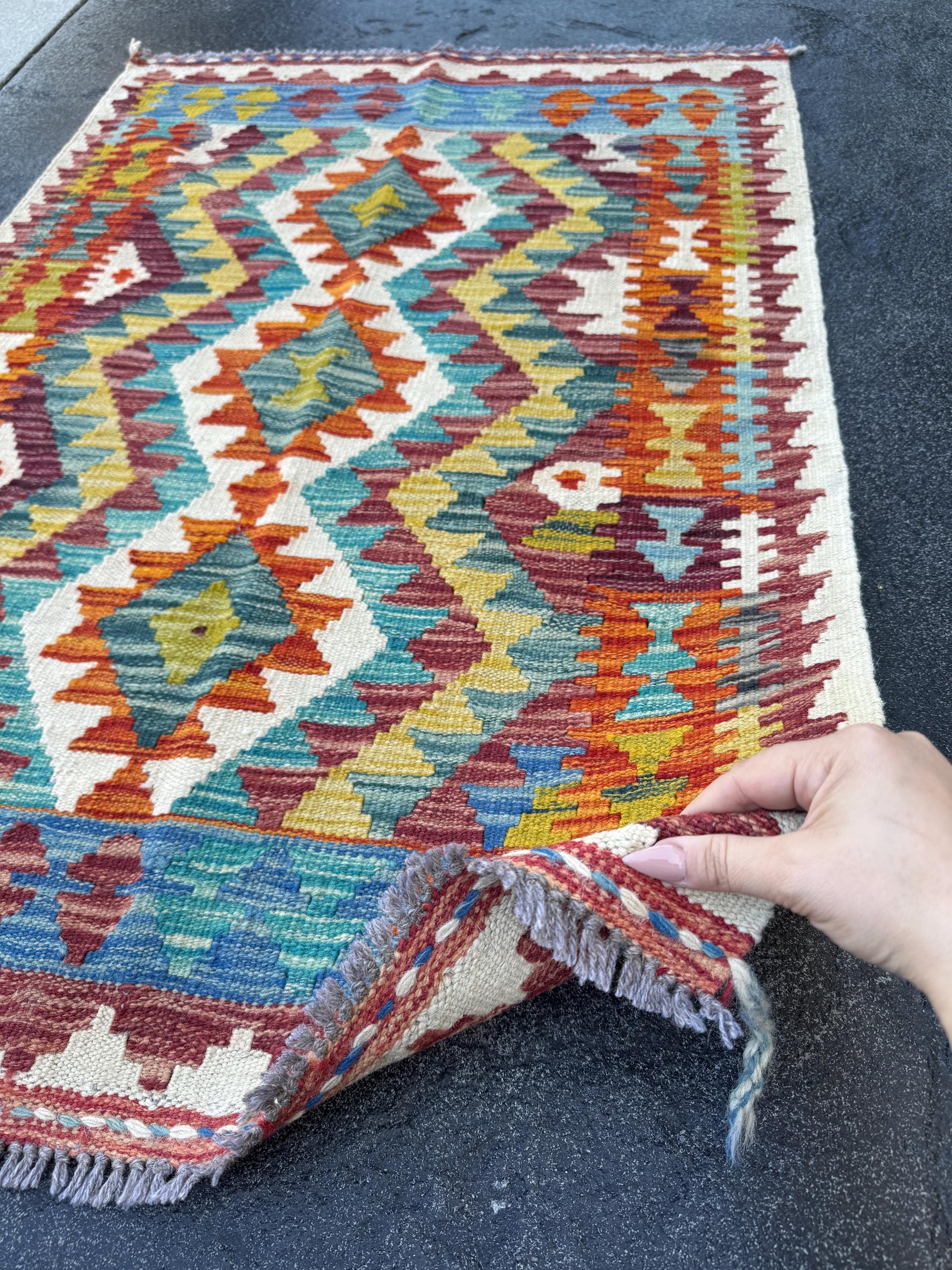 3x4 Handmade Afghan Kilim Rug | Burnt Rust Orange Teal Maroon Denim Blue Ivory Olive Moss Green Mustard Gold Charcoal | Wool Flatwoven