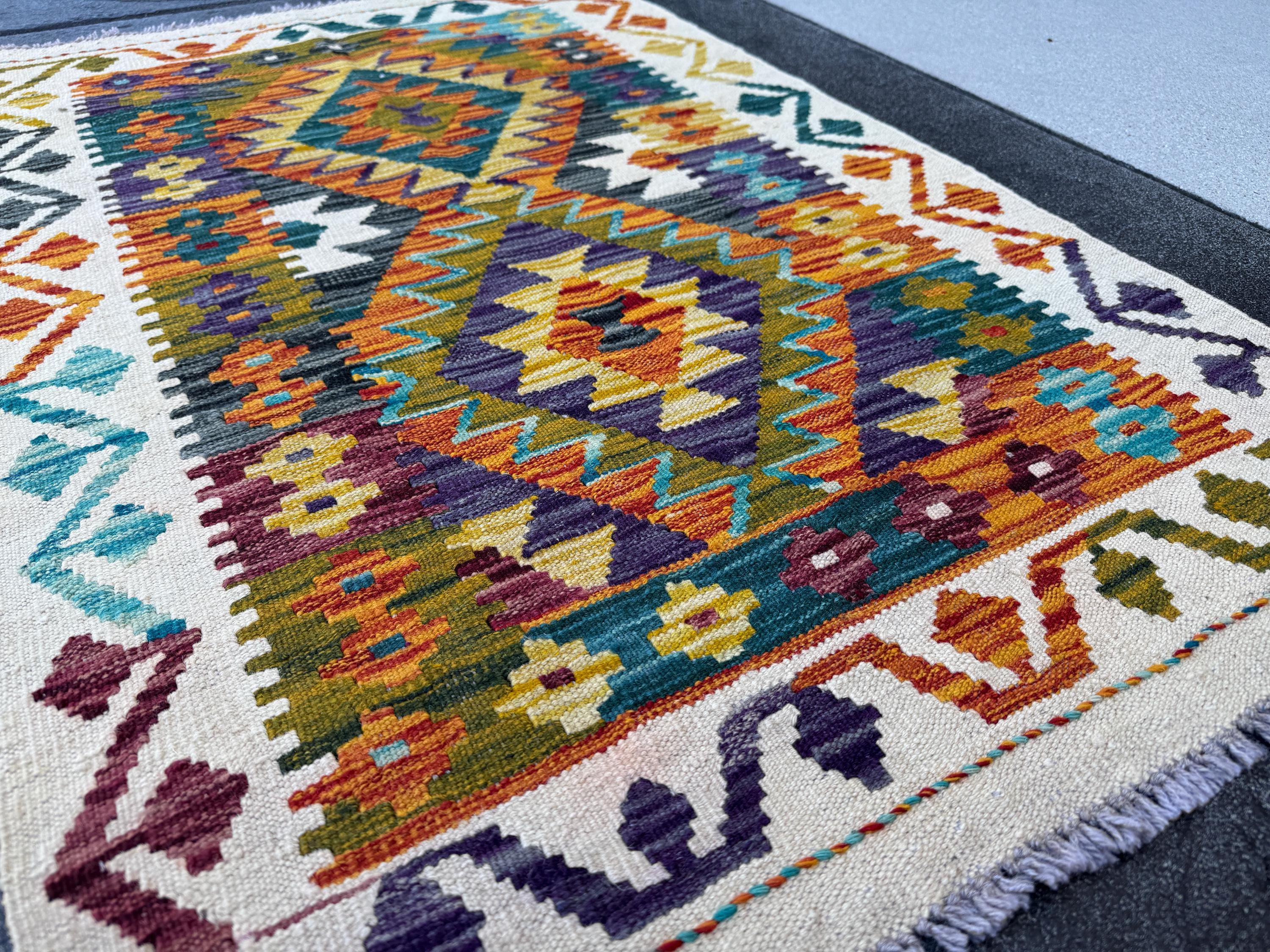 3x4 Handmade Afghan Kilim Rug | Cream Burnt Orange Charcoal Grey Black Teal Pine Forest Green Mustard Gold Ivory Chocolate | Wool Flatwoven