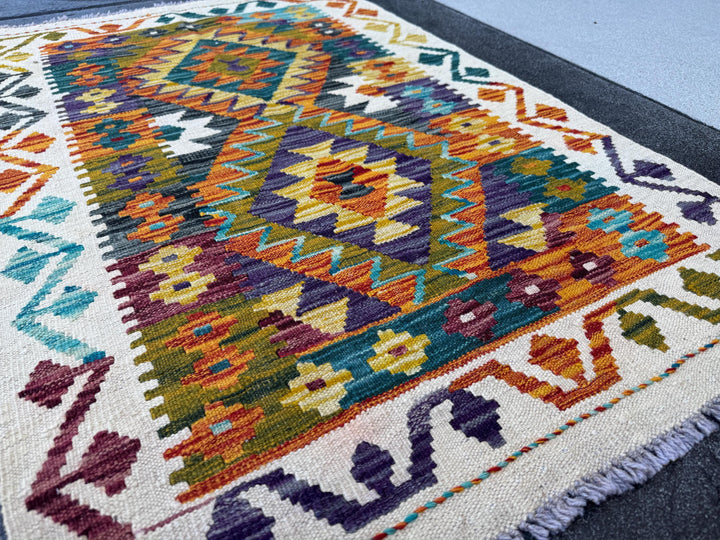 3x4 Handmade Afghan Kilim Rug | Cream Burnt Orange Charcoal Grey Black Teal Pine Forest Green Mustard Gold Ivory Chocolate | Wool Flatwoven