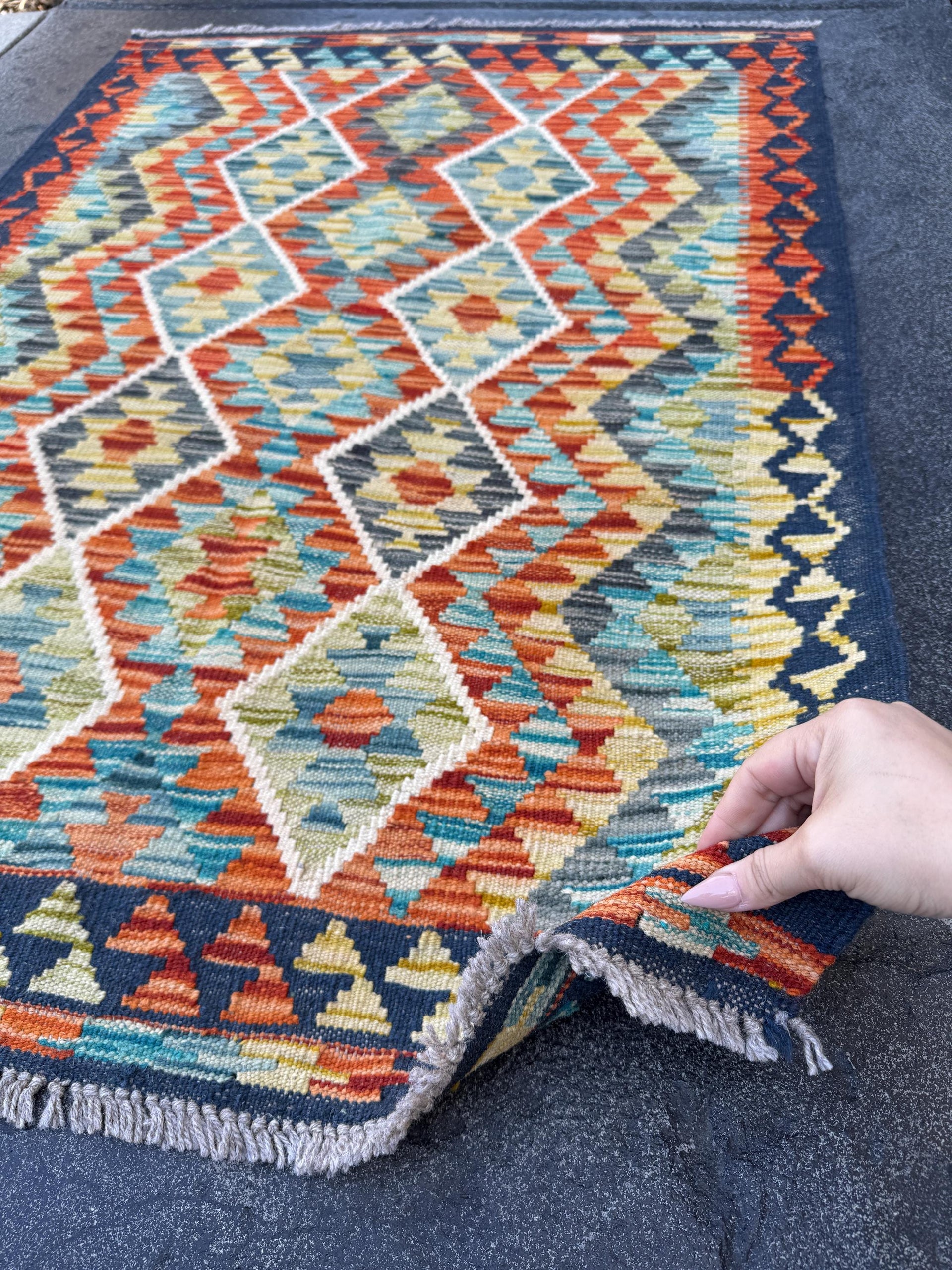 3x4 Handmade Afghan Kilim Rug | Burnt Rust Orange Charcoal Grey Black Teal Pine Olive Moss Green Mustard Gold Ivory | Wool Flatwoven