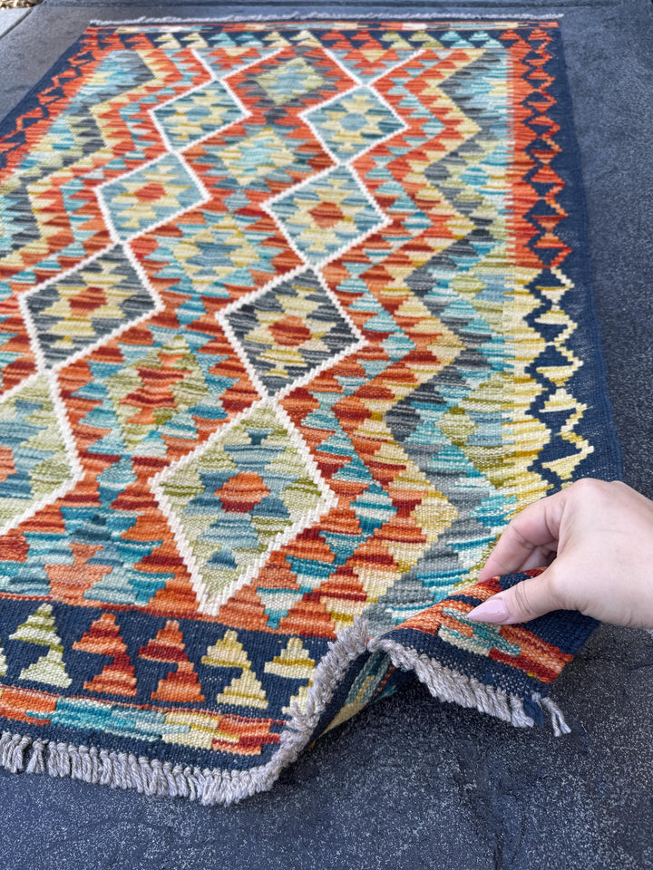 3x4 Handmade Afghan Kilim Rug | Burnt Rust Orange Charcoal Grey Black Teal Pine Olive Moss Green Mustard Gold Ivory | Wool Flatwoven