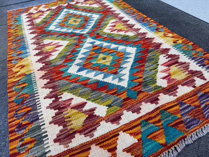 3x4 Handmade Afghan Kilim Rug | Cream White Teal Aqua Sky Blue Olive Green Mustard Golden Yellow Rust Brick Red Burgundy Plum Grey