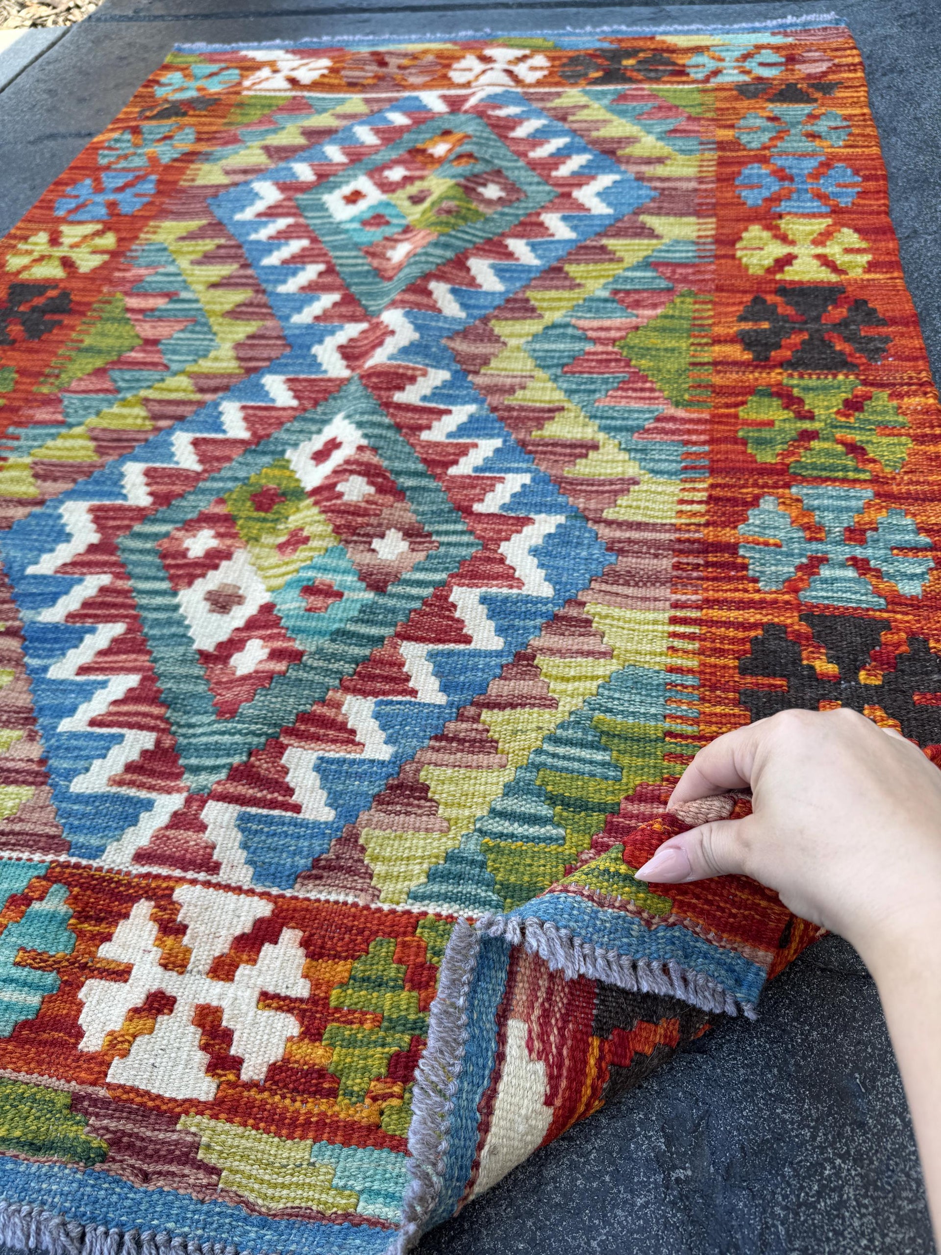 3x4 Handmade Afghan Kilim Rug | Rust Red Burnt Orange Copper Cream White Olive Green Moss Teal Blue Aqua Sky Blue Plum Black
