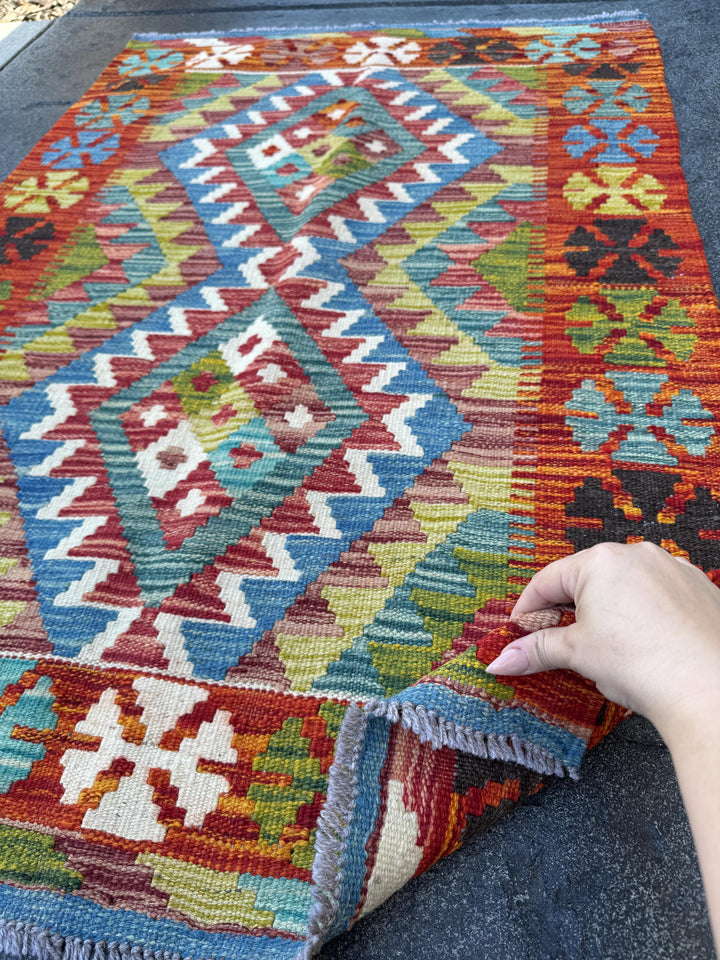 3x4 Handmade Afghan Kilim Rug | Rust Red Burnt Orange Copper Cream White Olive Green Moss Teal Blue Aqua Sky Blue Plum Black