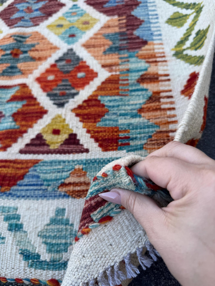3x4 Handmade Afghan Kilim Rug | Rust Red Teal Aqua Sky Blue Mustard Gold Olive Green Plum Wine Charcoal Grey Cream White | Wool Flatwoven
