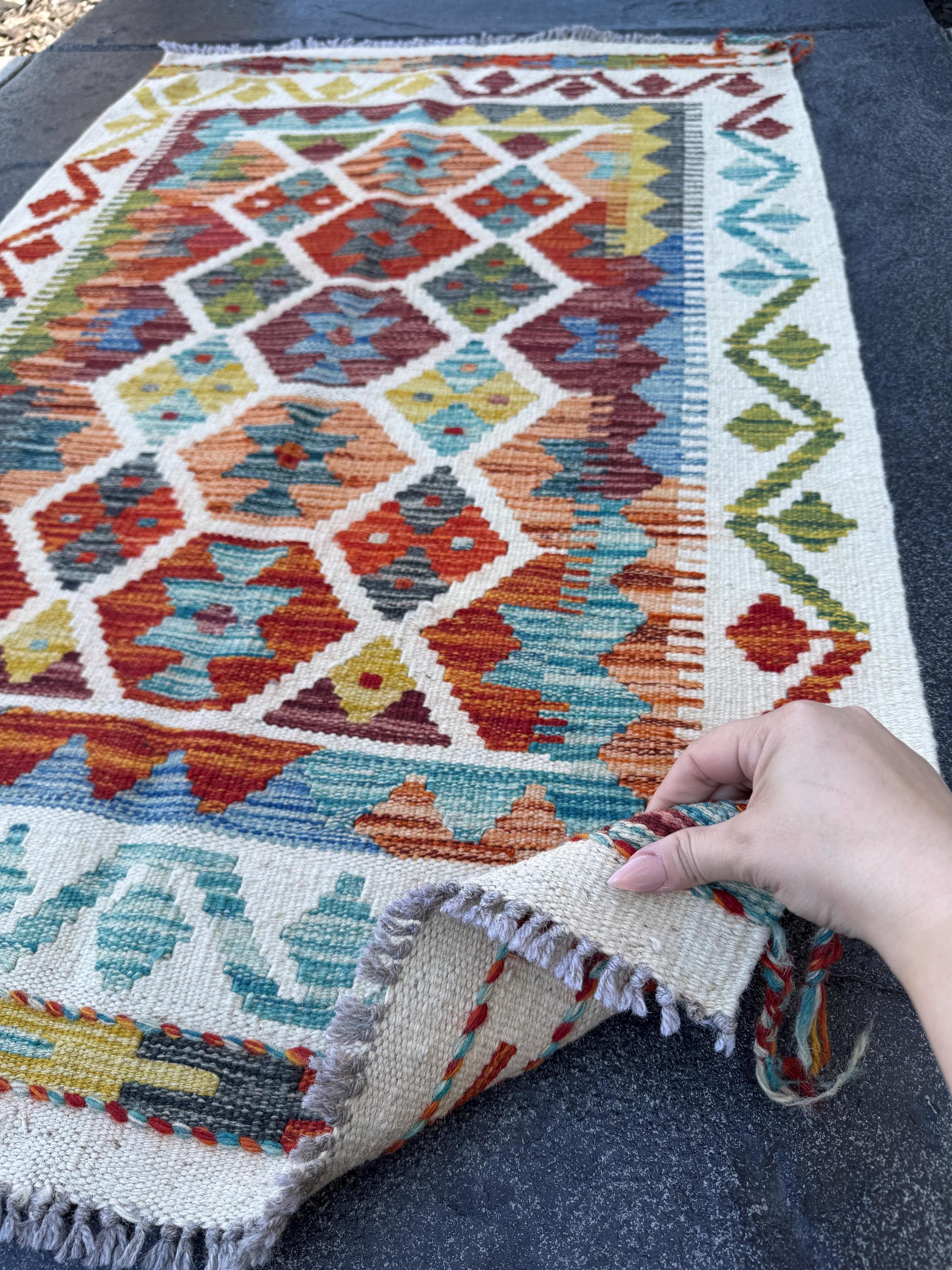 3x4 Handmade Afghan Kilim Rug | Rust Red Teal Aqua Sky Blue Mustard Gold Olive Green Plum Wine Charcoal Grey Cream White | Wool Flatwoven