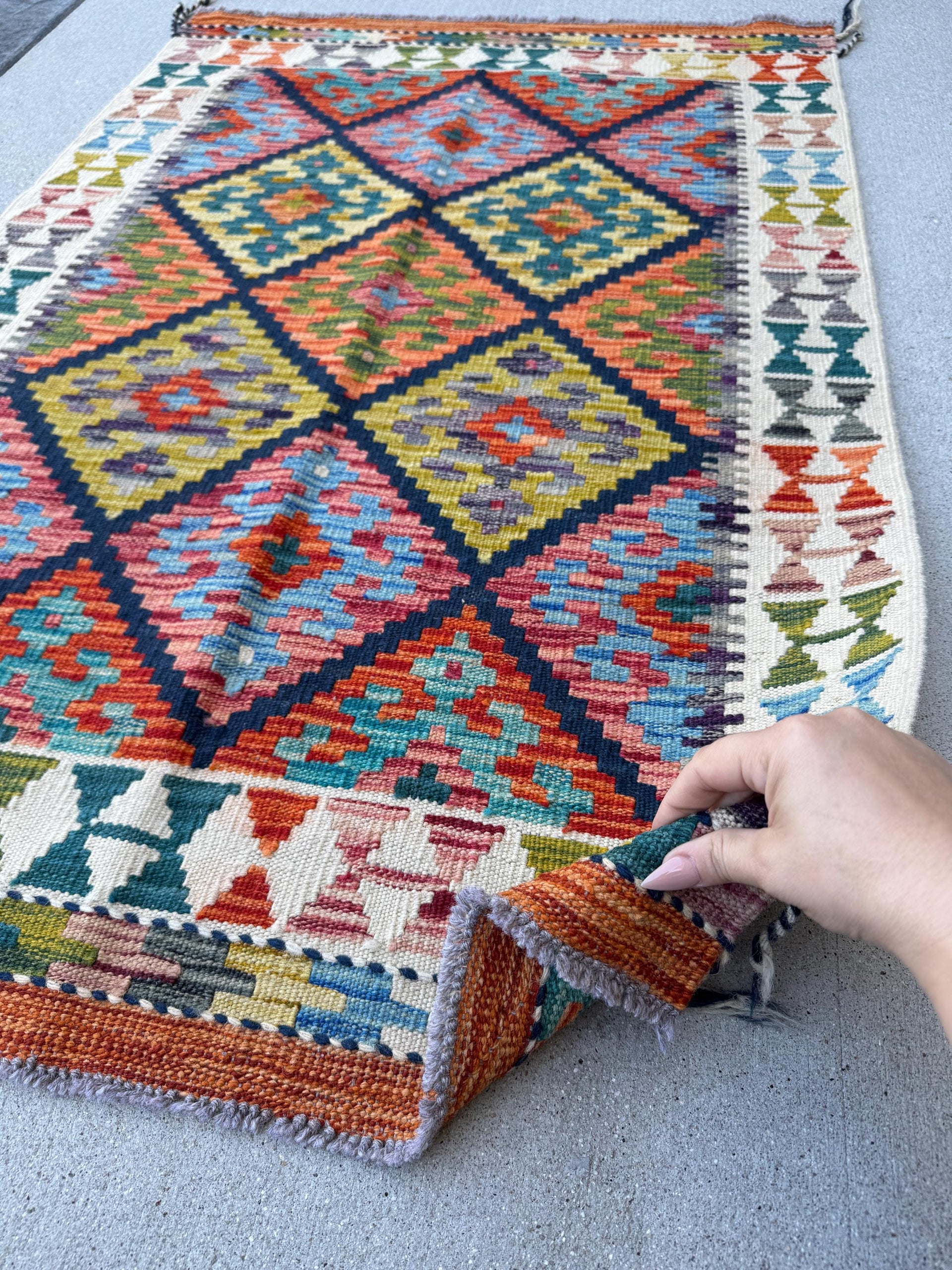 3x4 Handmade Afghan Kilim Rug | Navy Blue Gold Coral Red Teal Aqua Mint Sky Blue Olive Moss Green Lavender Burnt Orange Rust Charcoal Cream