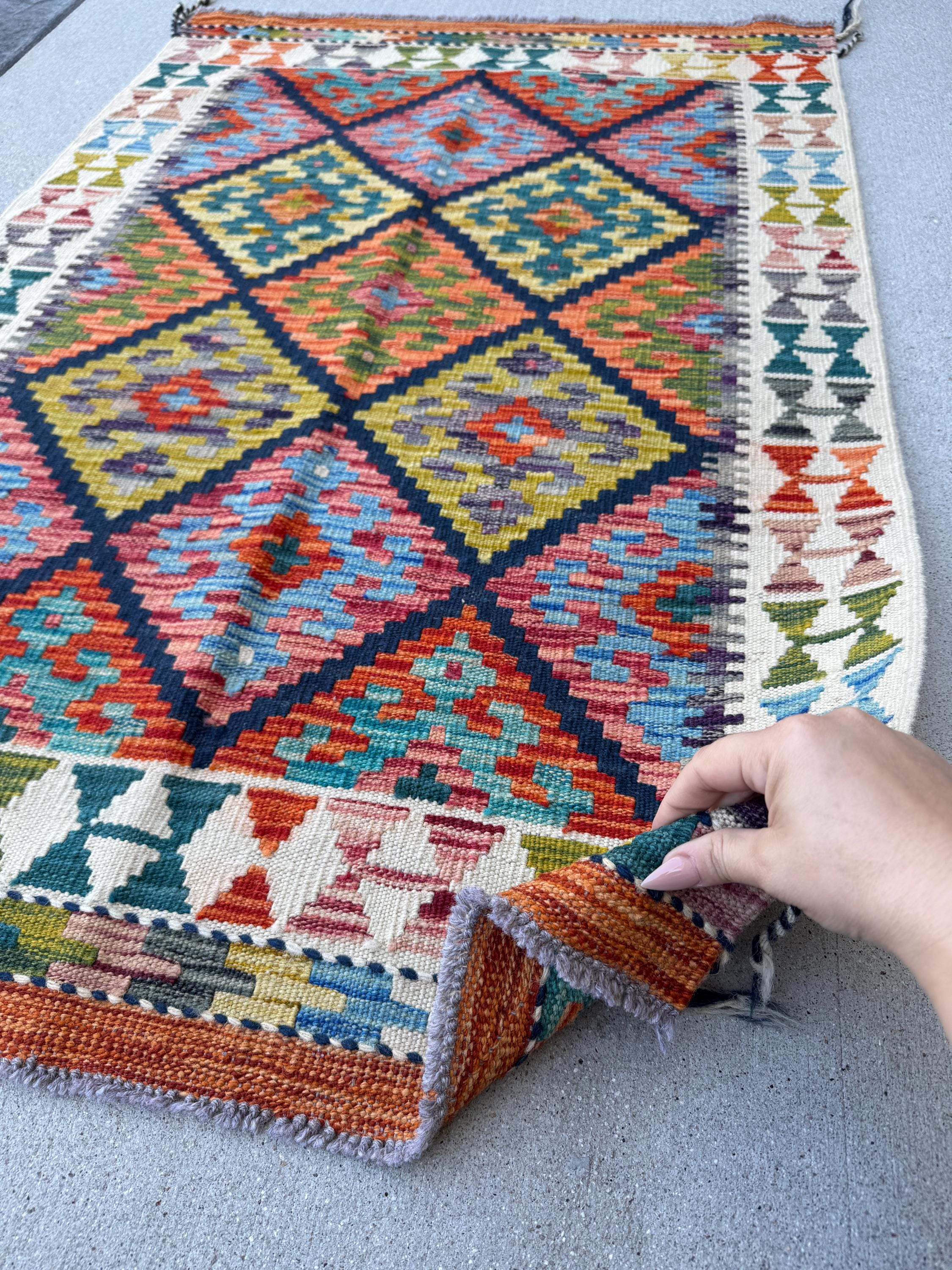 3x4 Handmade Afghan Kilim Rug | Navy Blue Gold Coral Red Teal Aqua Mint Sky Blue Olive Moss Green Lavender Burnt Orange Rust Charcoal Cream
