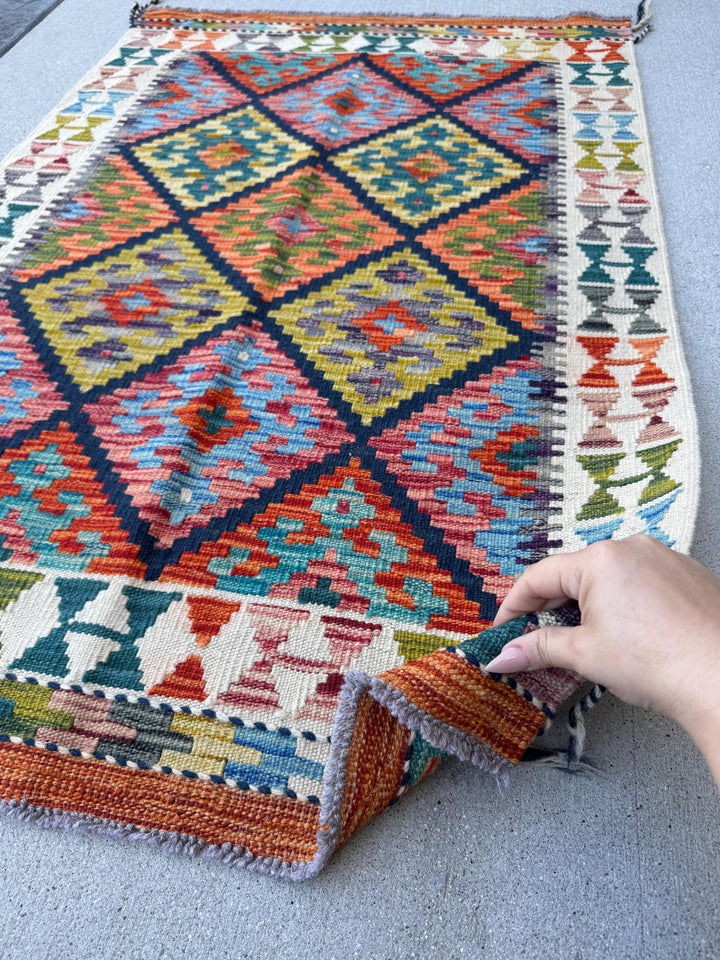 3x4 Handmade Afghan Kilim Rug | Navy Blue Gold Coral Red Teal Aqua Mint Sky Blue Olive Moss Green Lavender Burnt Orange Rust Charcoal Cream