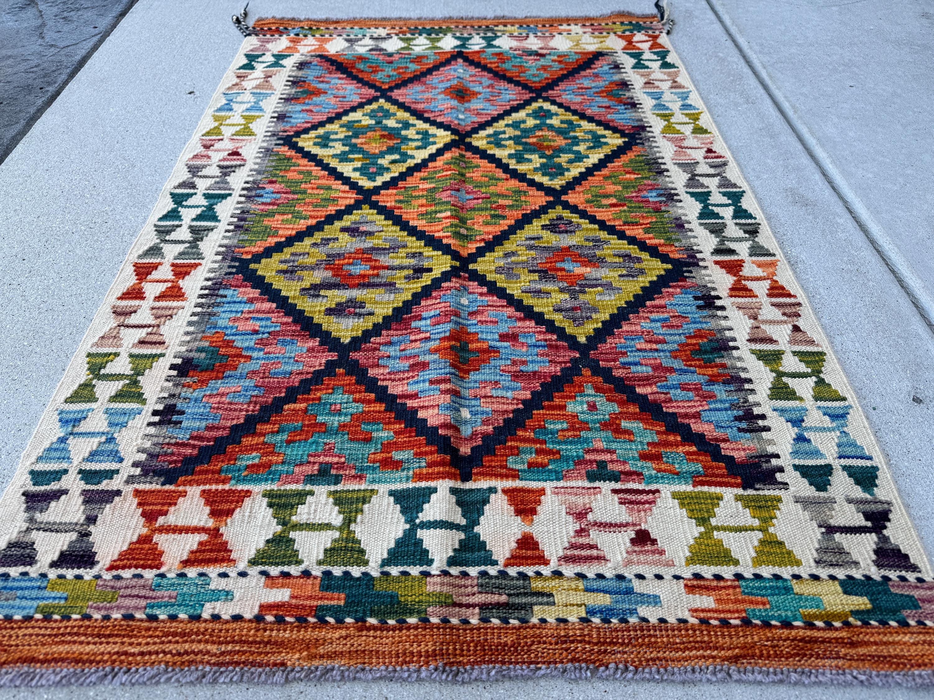 3x4 Handmade Afghan Kilim Rug | Navy Blue Gold Coral Red Teal Aqua Mint Sky Blue Olive Moss Green Lavender Burnt Orange Rust Charcoal Cream