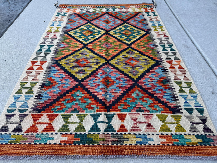 3x4 Handmade Afghan Kilim Rug | Navy Blue Gold Coral Red Teal Aqua Mint Sky Blue Olive Moss Green Lavender Burnt Orange Rust Charcoal Cream
