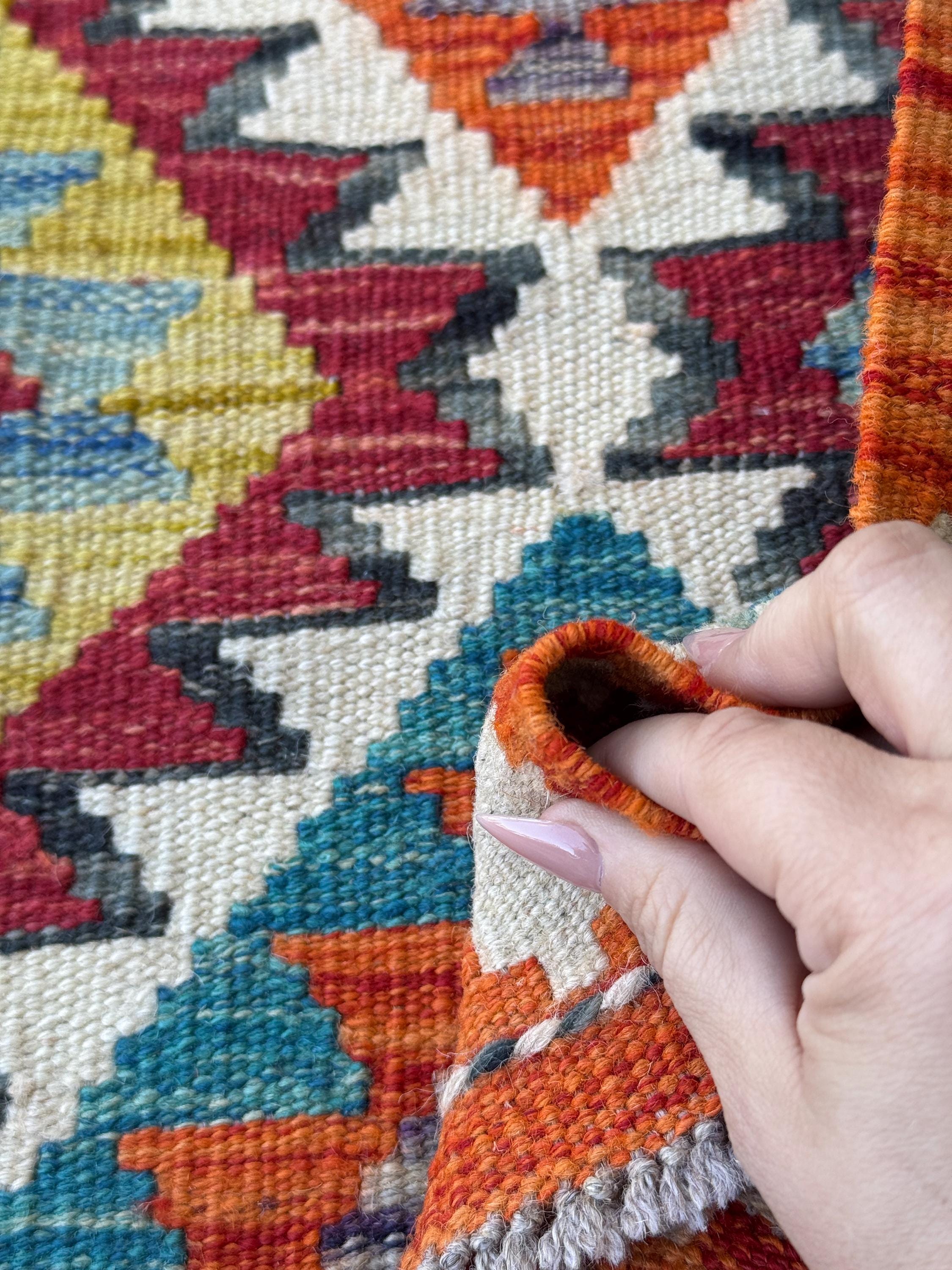 3x4 Handmade Afghan Kilim Rug | Burnt Orange Brick Red Mustard Yellow Teal Aqua Blue Cream White Charcoal Grey Plum Wine | Wool Flatwoven