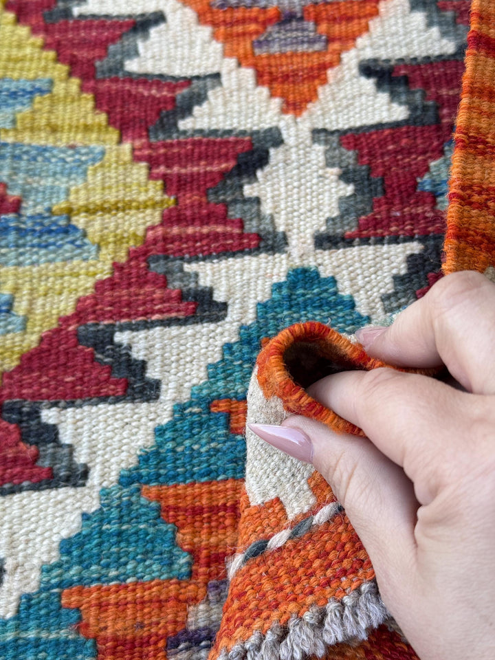 3x4 Handmade Afghan Kilim Rug | Burnt Orange Brick Red Mustard Yellow Teal Aqua Blue Cream White Charcoal Grey Plum Wine | Wool Flatwoven