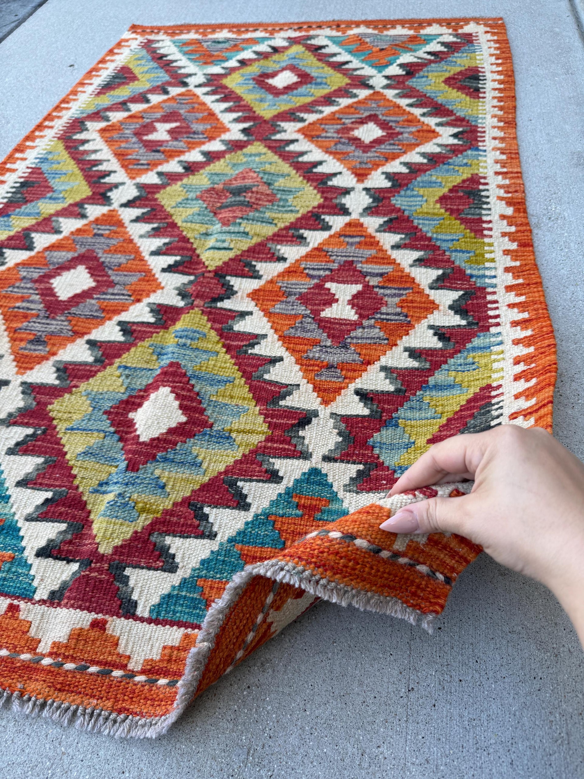 3x4 Handmade Afghan Kilim Rug | Burnt Orange Brick Red Mustard Yellow Teal Aqua Blue Cream White Charcoal Grey Plum Wine | Wool Flatwoven
