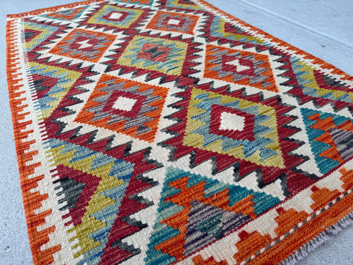 3x4 Handmade Afghan Kilim Rug | Burnt Orange Brick Red Mustard Yellow Teal Aqua Blue Cream White Charcoal Grey Plum Wine | Wool Flatwoven
