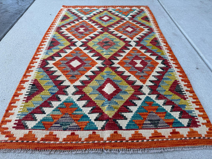 3x4 Handmade Afghan Kilim Rug | Burnt Orange Brick Red Mustard Yellow Teal Aqua Blue Cream White Charcoal Grey Plum Wine | Wool Flatwoven