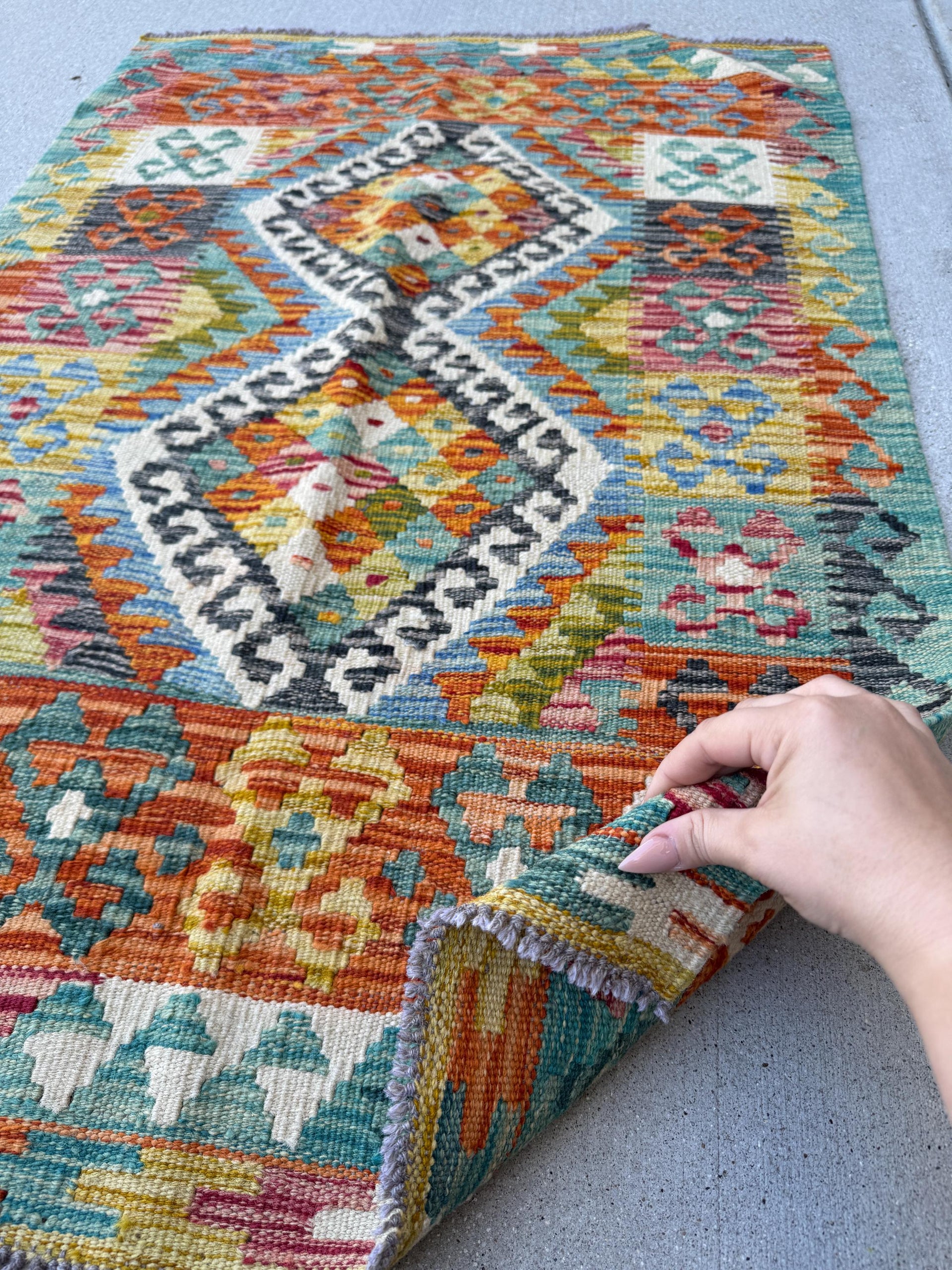 3x4 Handmade Afghan Kilim Rug | Burnt Orange Teal Aqua Mustard Goldenrod Cream White Forest Green Plum Wine Black Charcoal Grey | Flatwoven