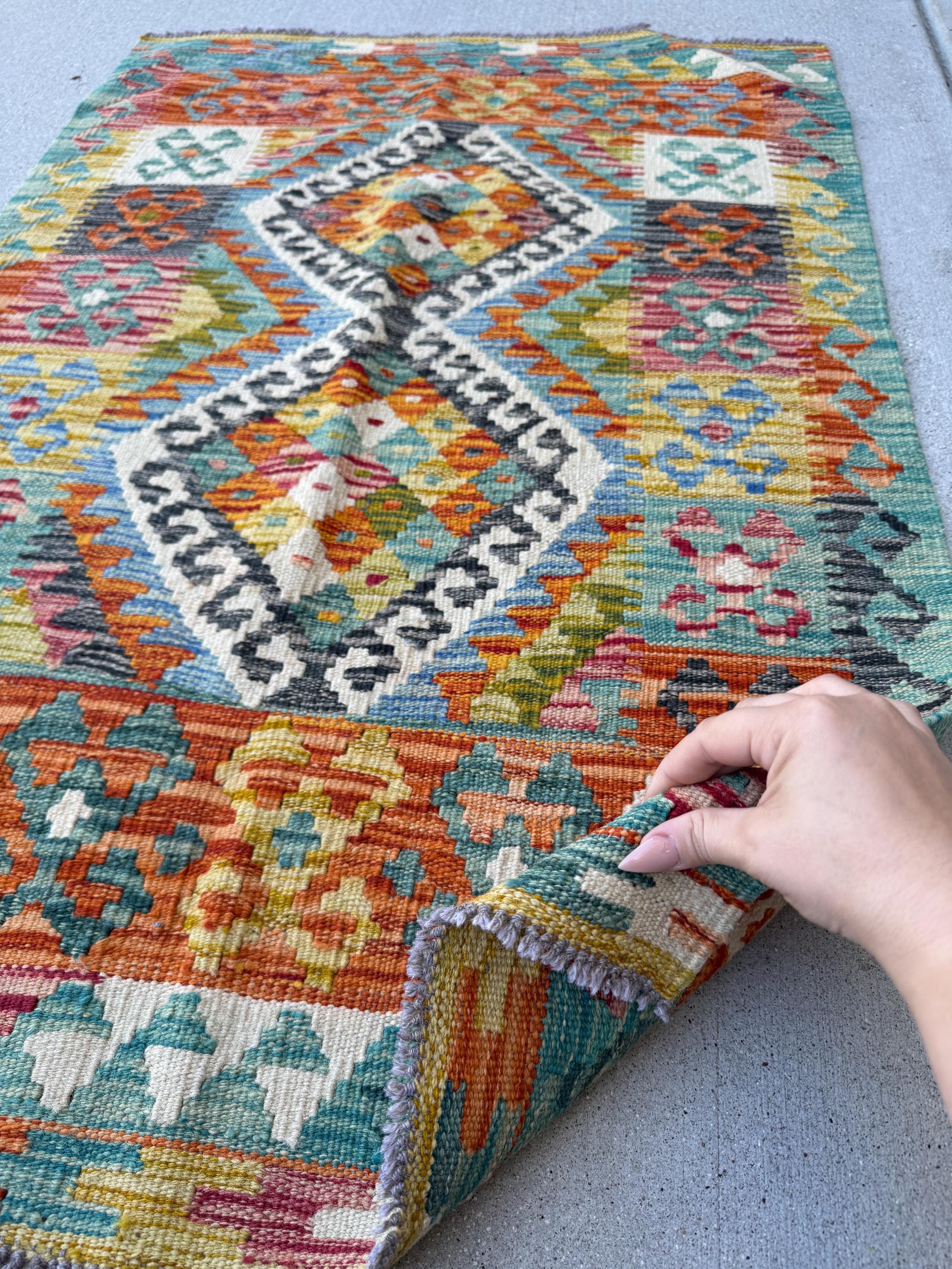 3x4 Handmade Afghan Kilim Rug | Burnt Orange Teal Aqua Mustard Goldenrod Cream White Forest Green Plum Wine Black Charcoal Grey | Flatwoven