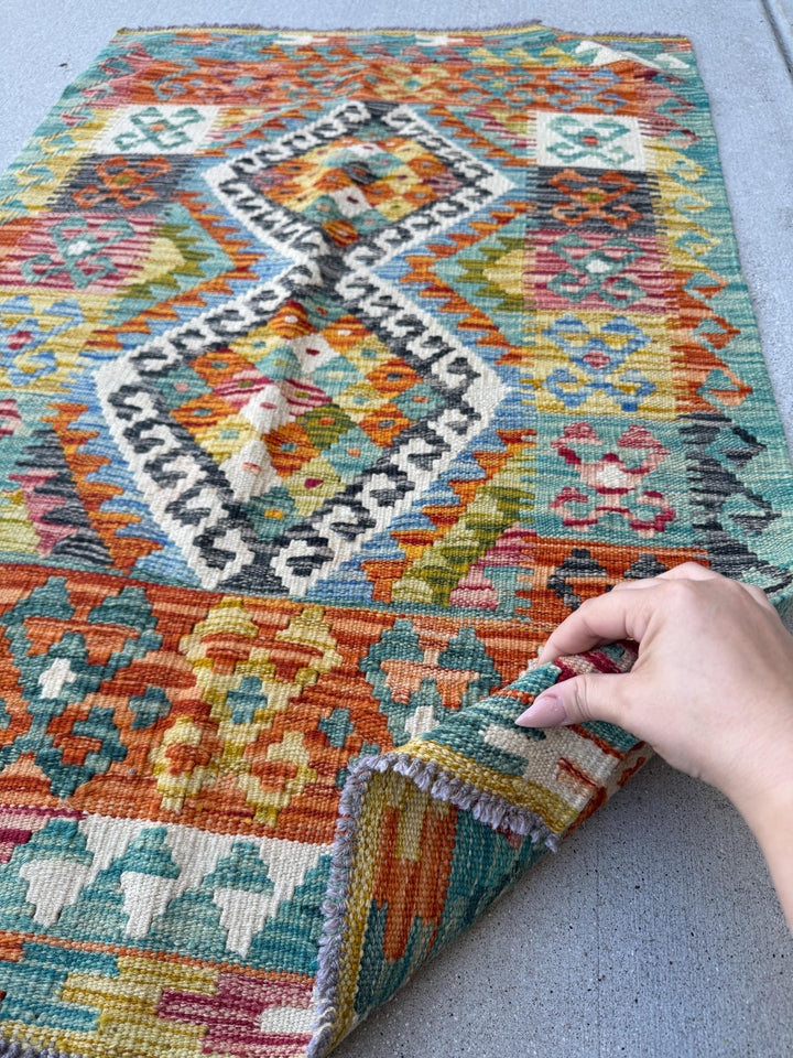 3x4 Handmade Afghan Kilim Rug | Burnt Orange Teal Aqua Mustard Goldenrod Cream White Forest Green Plum Wine Black Charcoal Grey | Flatwoven