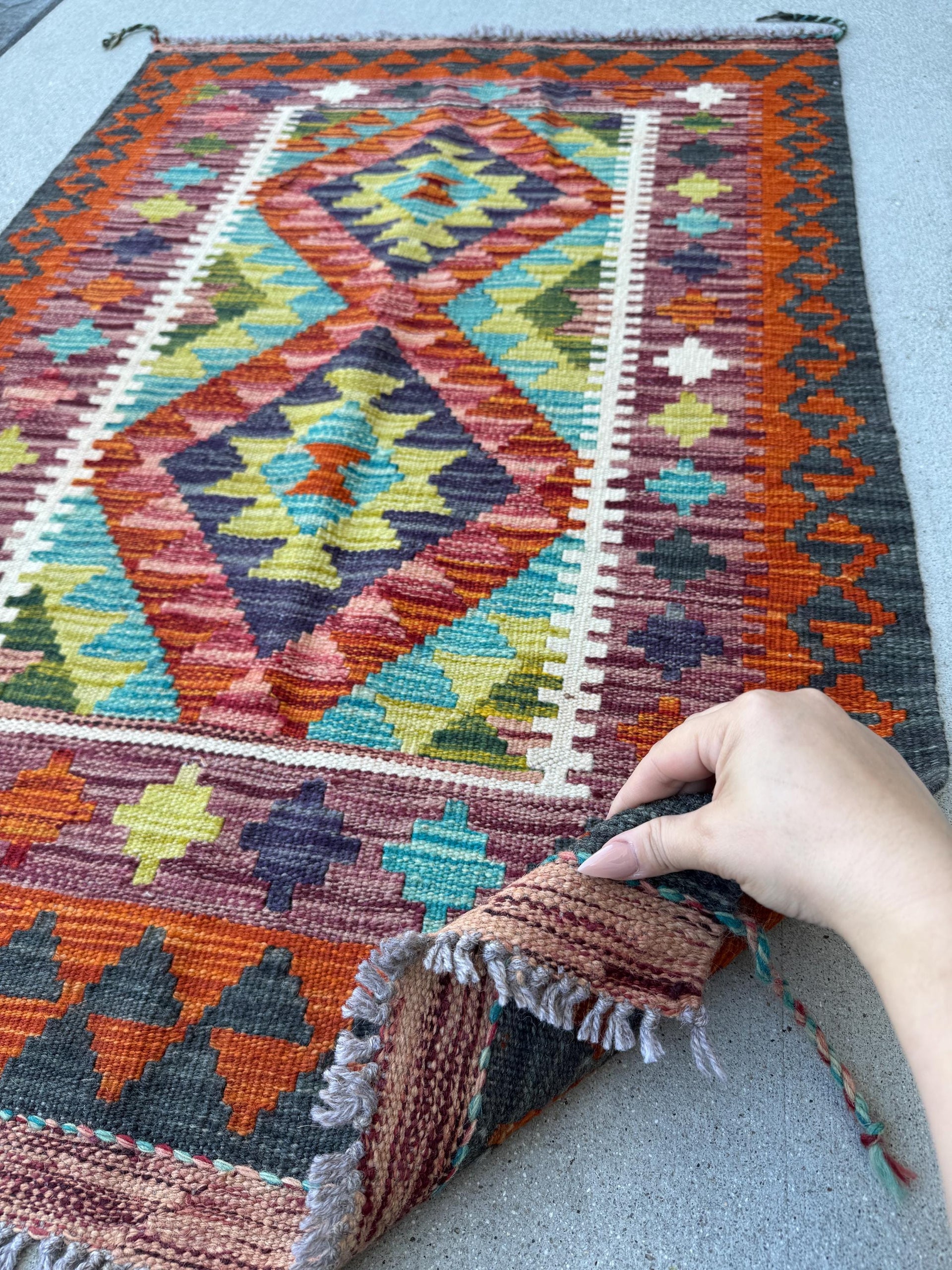 3x4 Handmade Afghan Kilim Rug | Cream Sand Teal Aqua Mint Blue Navy Olive Moss Red Orange Copper Gold Plum Mauve Grey | Wool Flatwoven