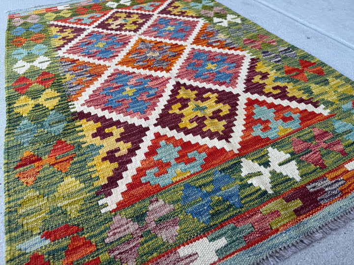 3x4 Handmade Afghan Kilim Rug | Olive, Moss, Cream, Sand, Teal, Aqua, Blue, Navy, Red, Orange, Copper, Gold, Plum, Mauve, Grey | Wool
